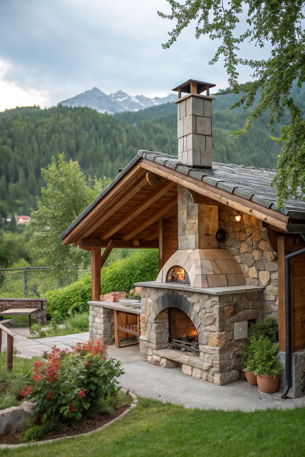 A stone-clad pizza oven that evokes the coziness of a mountain lodge.