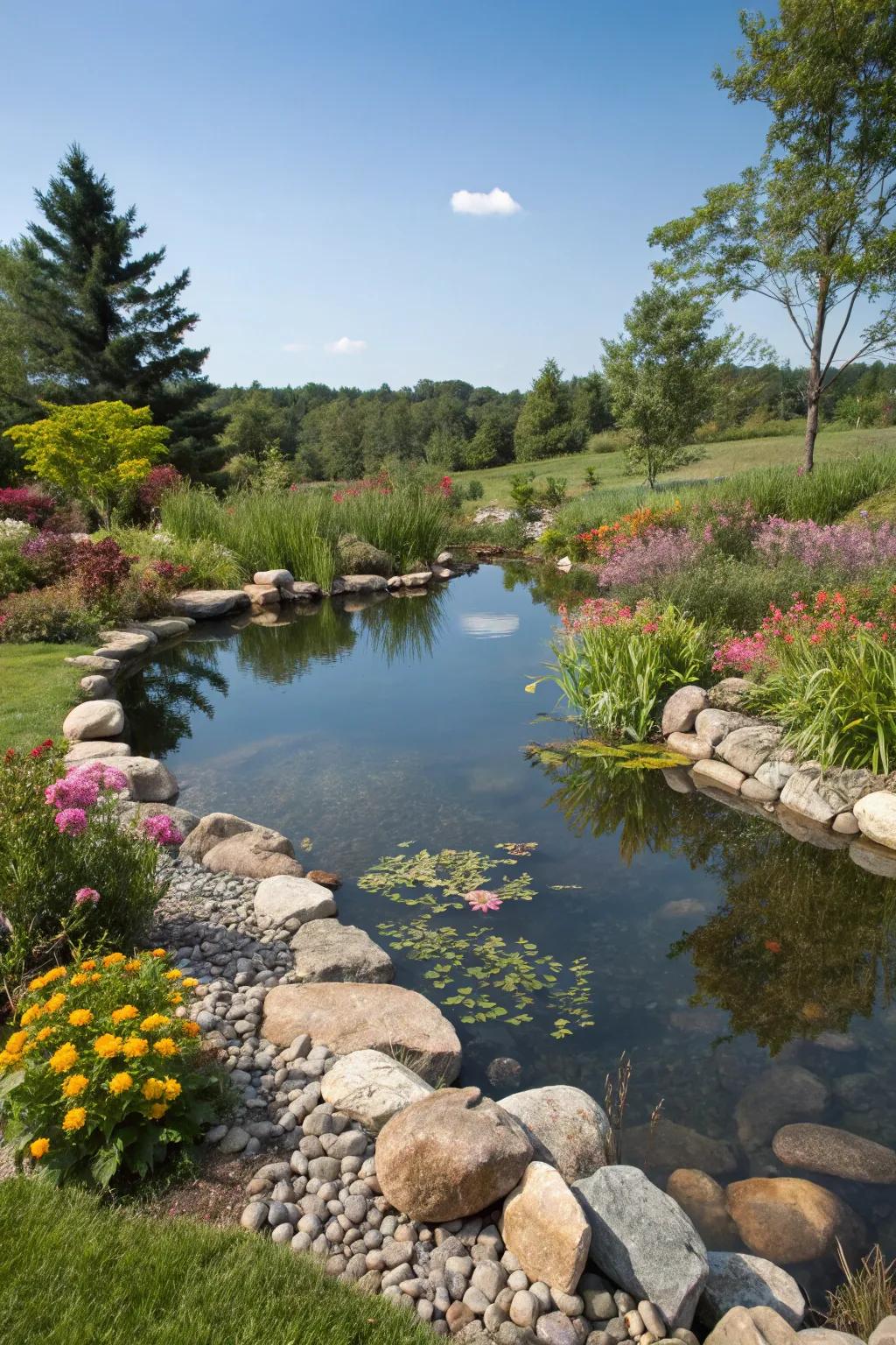 River rock garden pond blending seamlessly with natural surroundings.