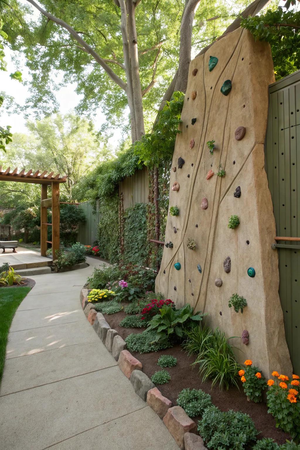 A climbing wall adds a sculptural challenge to any garden, inviting all to climb.
