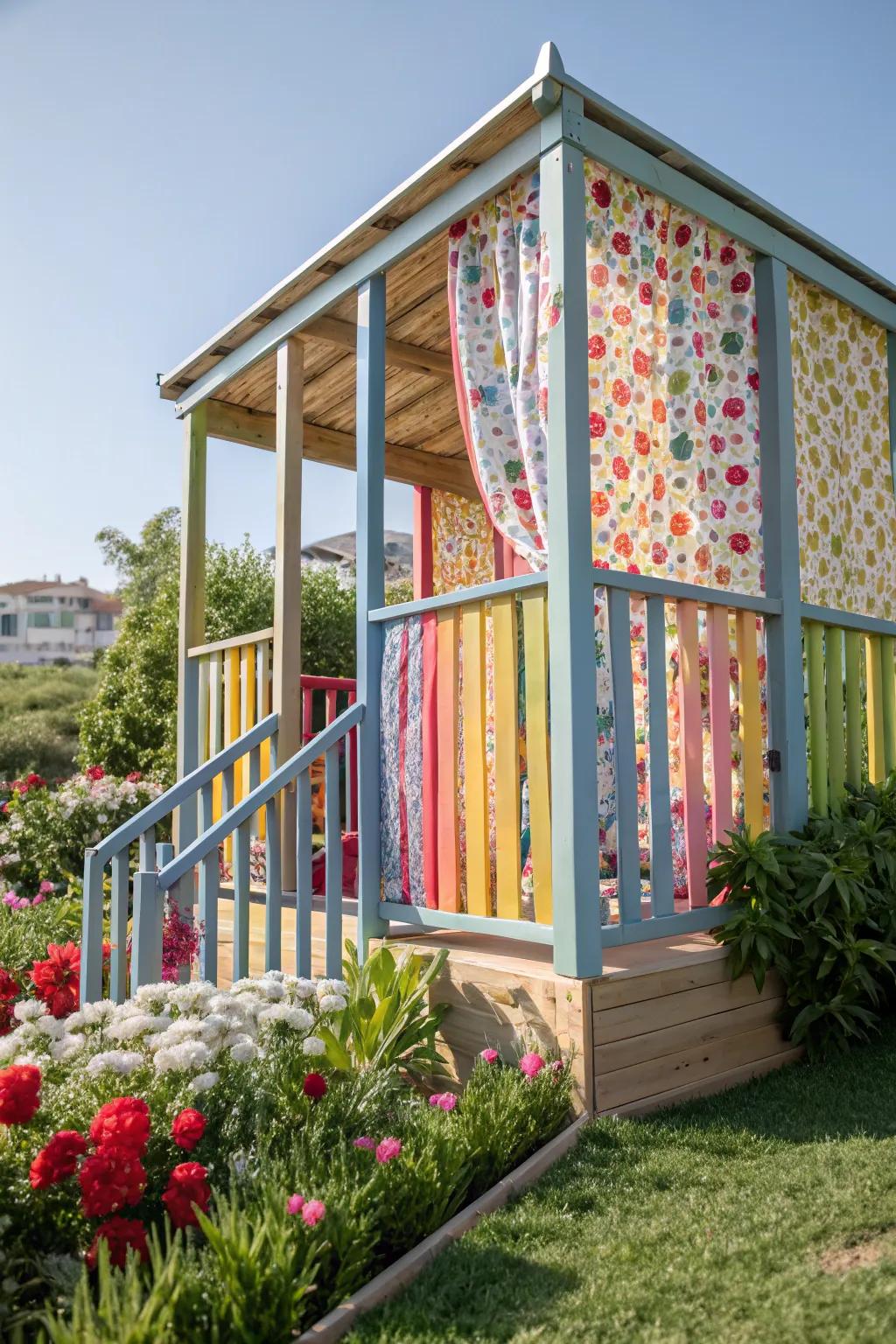 Patterned fabric panels offer a soft and colorful touch to playhouse railings.