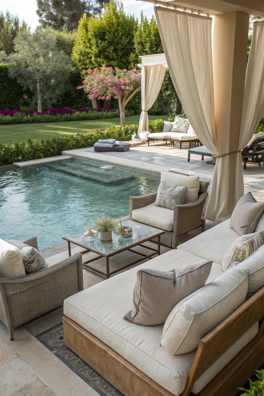 A luxurious outdoor lounge with plush seating and a plunge pool.