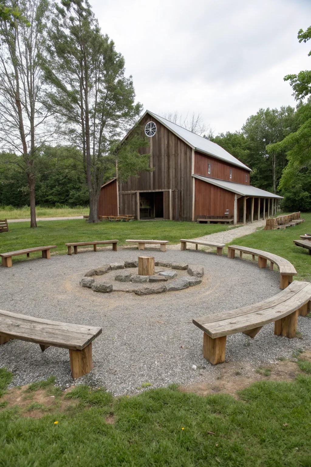 A gravel circle creates a charming focal point and gathering space.
