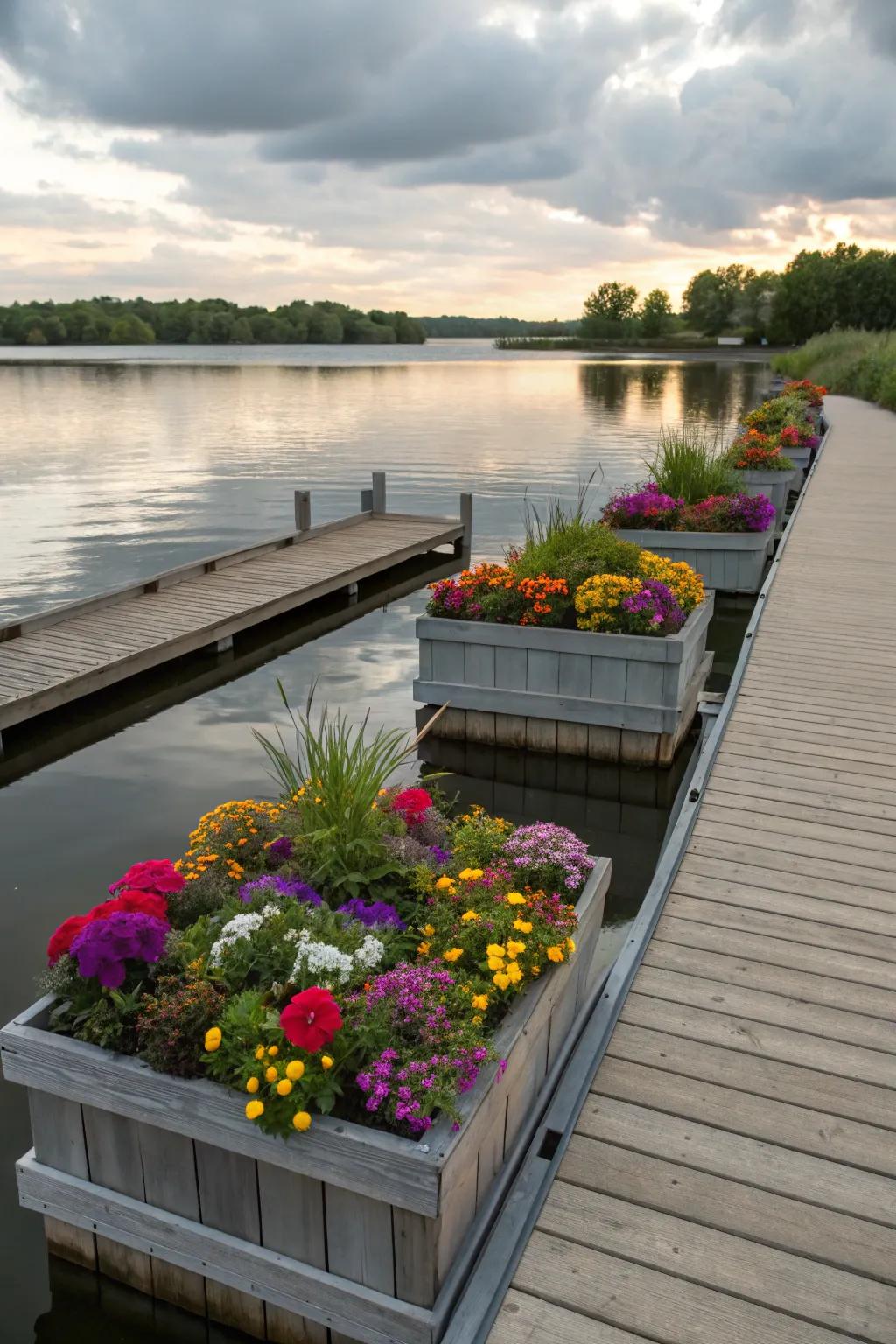 A dock with built-in planters for added greenery and color.