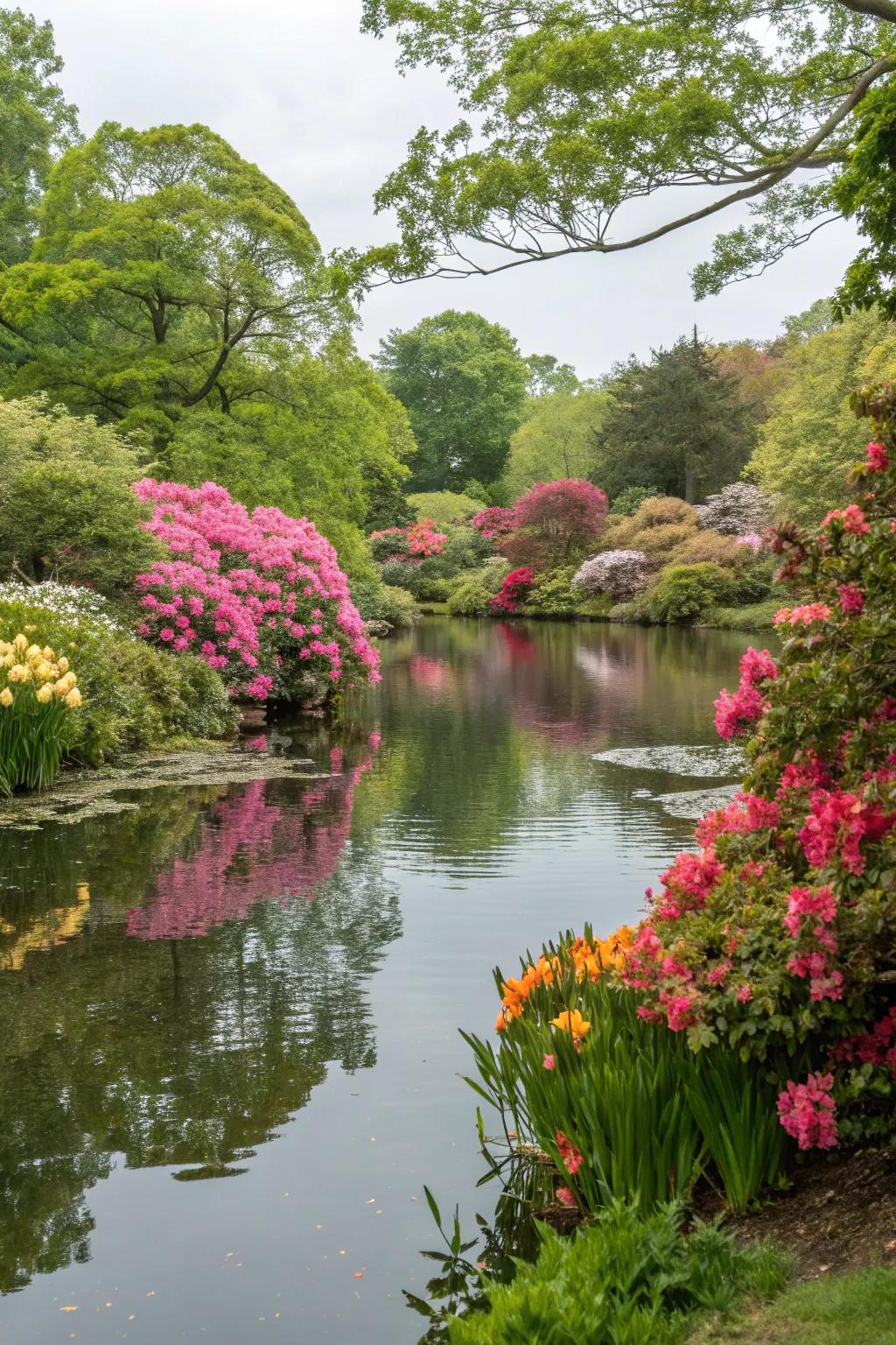 Flowering borders add vibrant color and fragrance to pond edges.