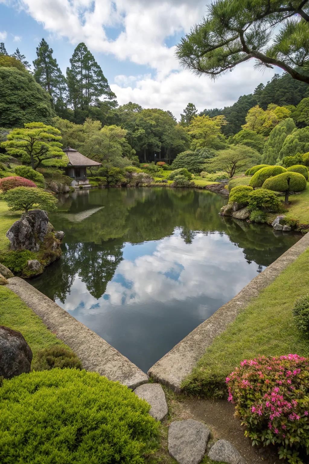 Diamond-shaped ponds provide geometric elegance to garden designs.
