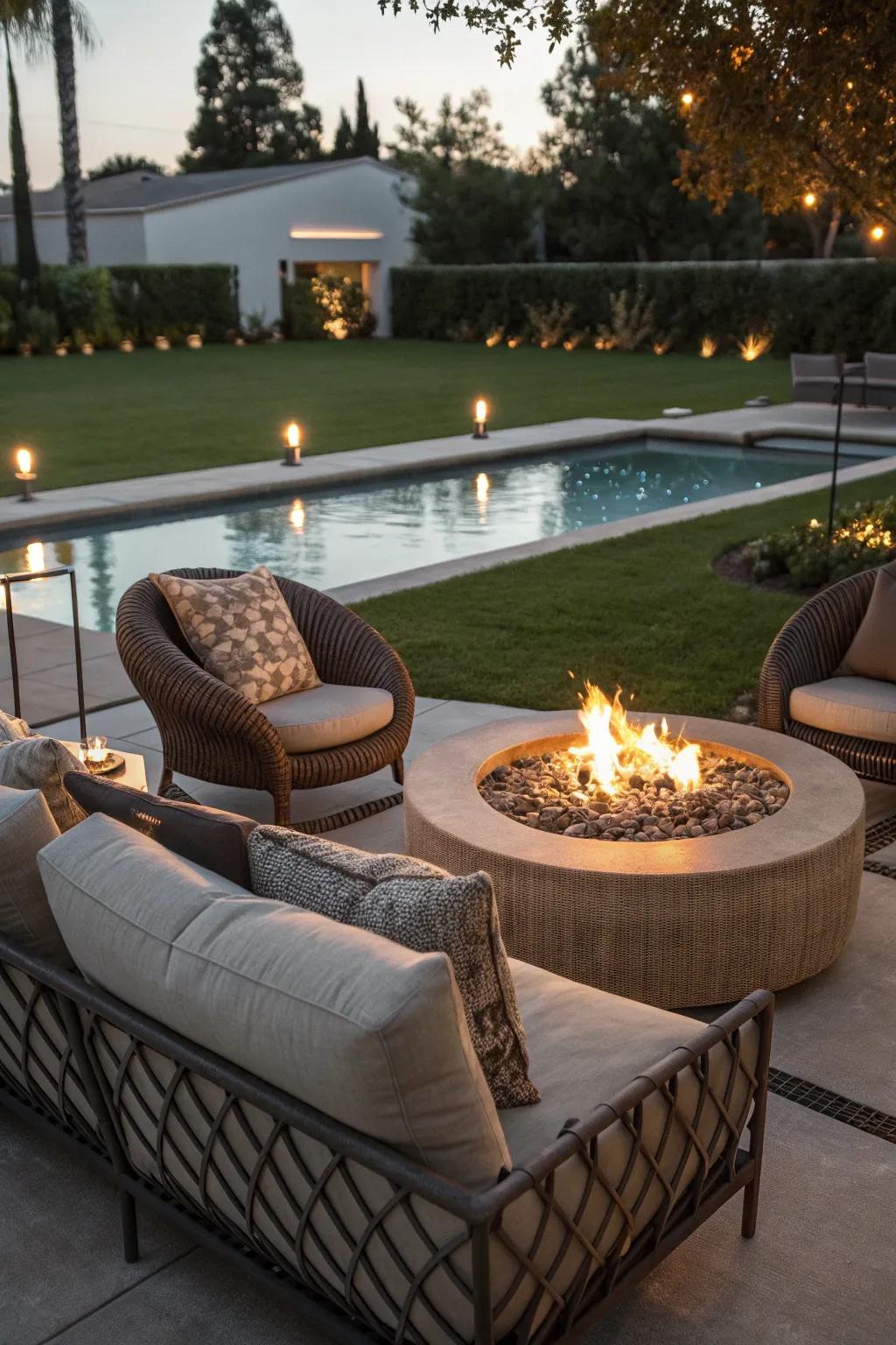 Add warmth and elegance with poolside fire features.