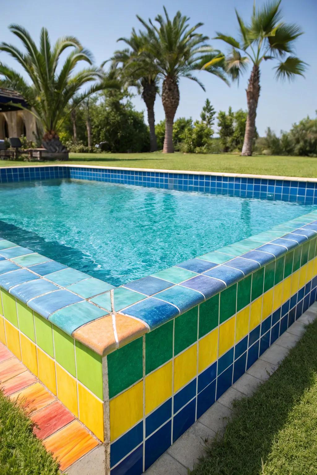 Bold tiles add vibrant energy to your poolside.
