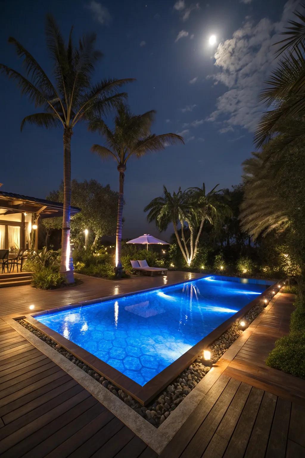 A pool deck illuminated by enchanting underwater lighting for night swims.