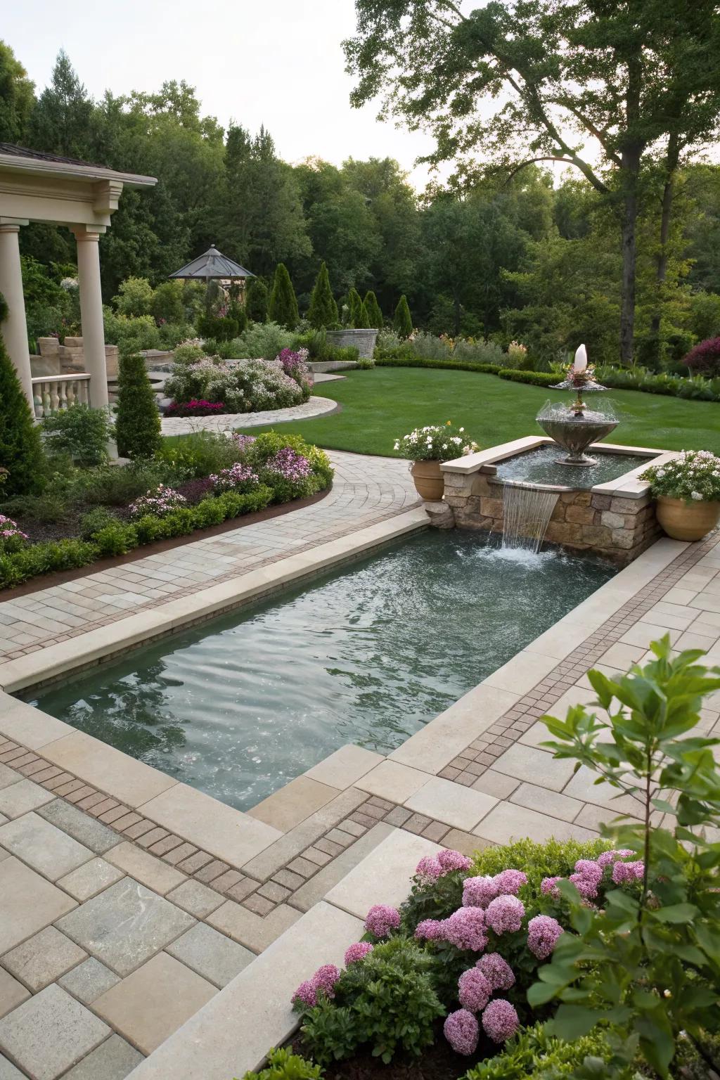 Water features add a touch of luxury and tranquility to pool decks.