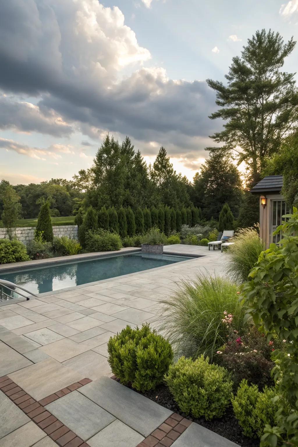 A blend of hardscaping and landscaping enhances privacy and beauty.