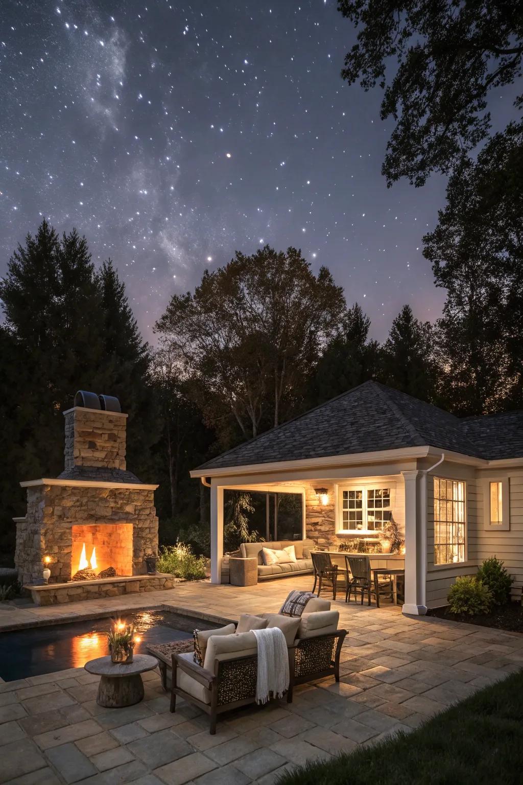 A fireplace by the pool for warm and cozy gatherings.