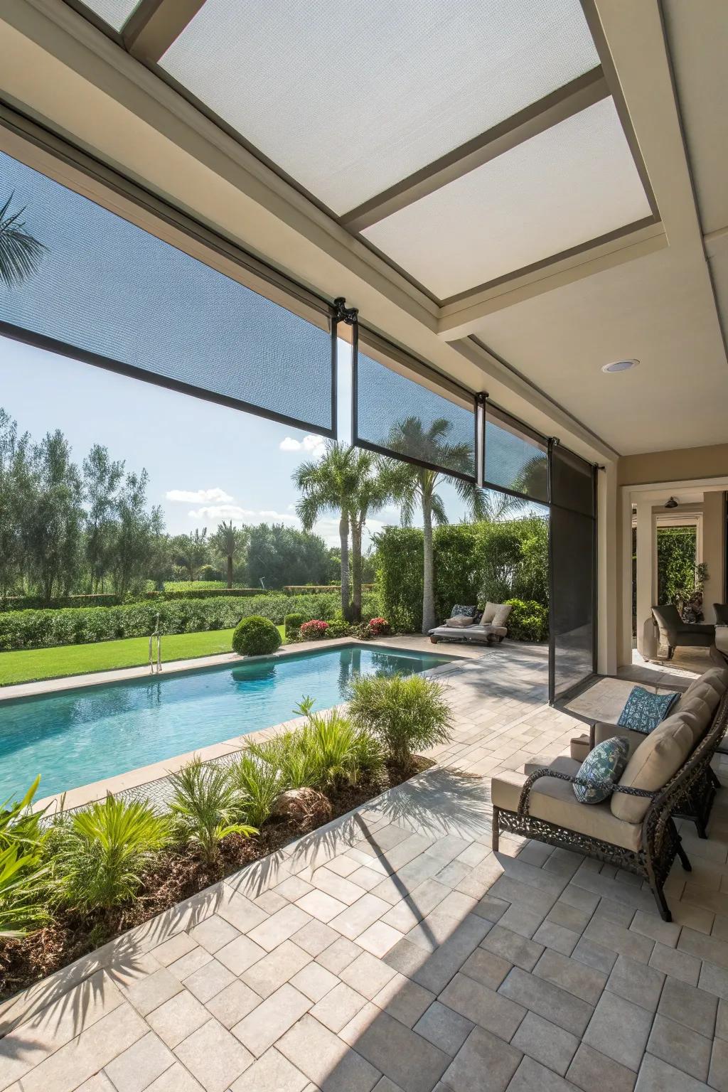 Retractable screens offer flexible indoor-outdoor living.