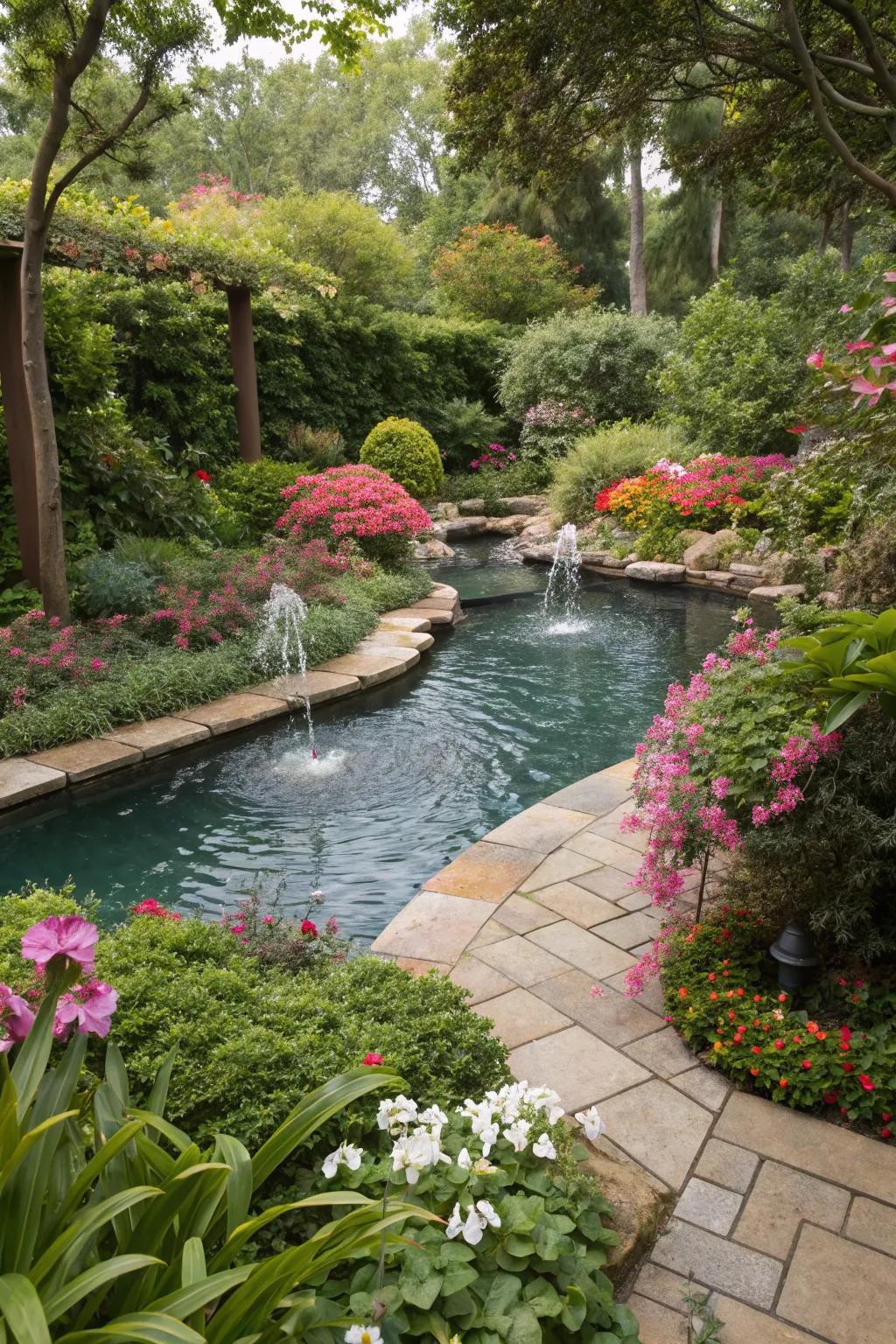 A lush, vibrant setting with compact water gardens around the pool.