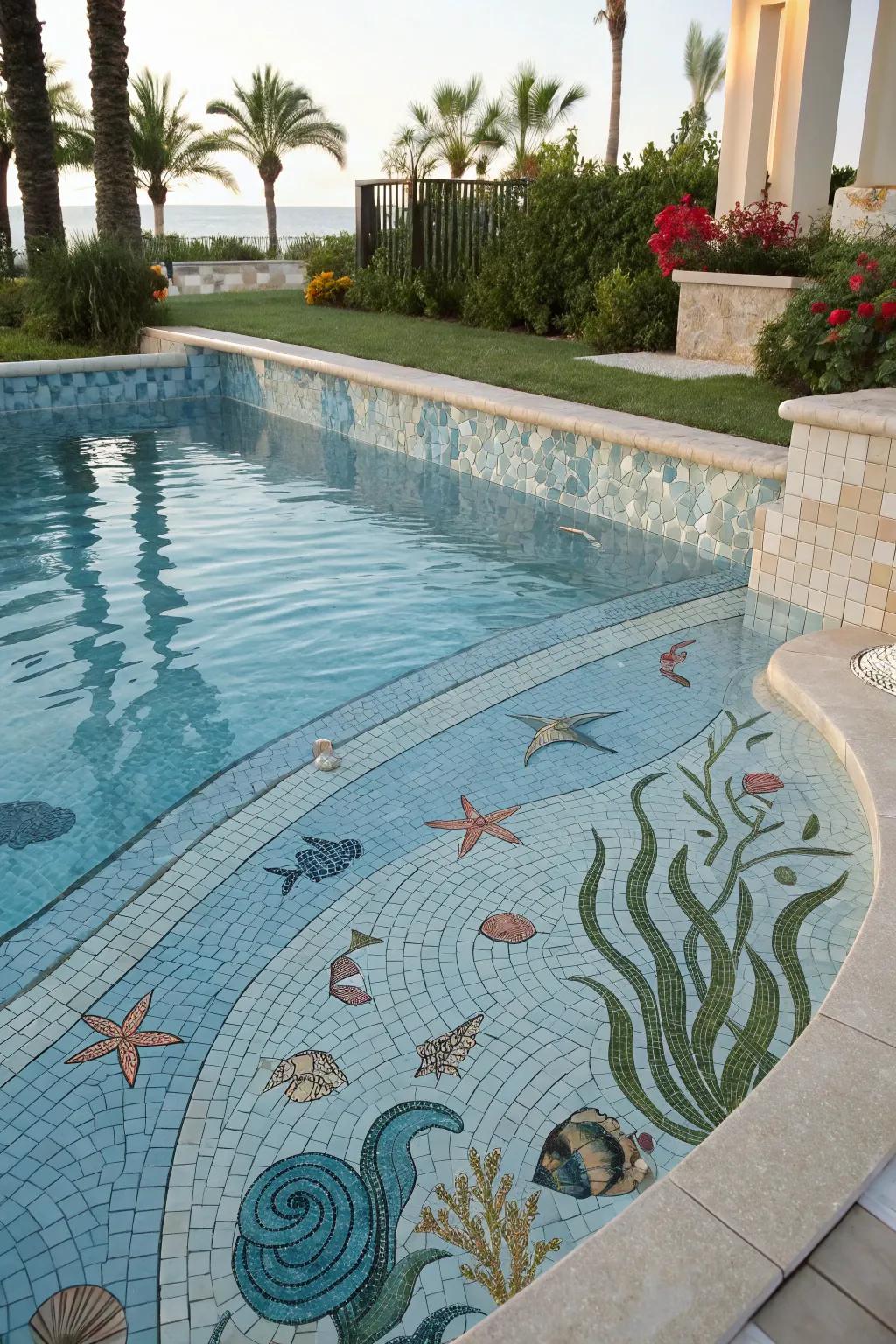 A pool design that takes you on an oceanic journey with wave mosaics.