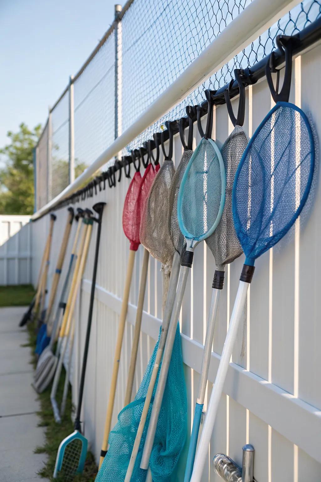 Over-the-fence hooks offer practical storage for larger pool tools.