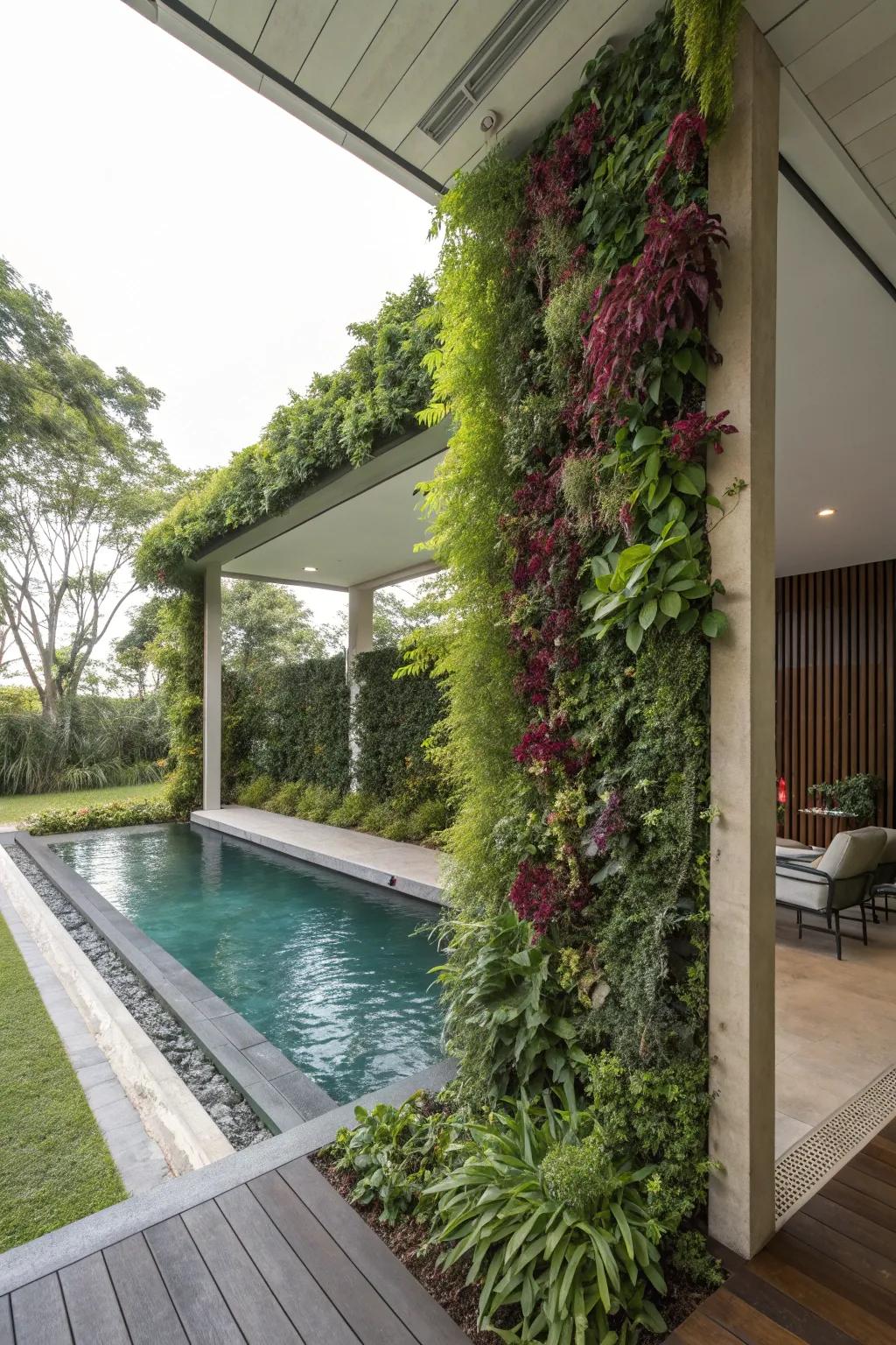 A vibrant vertical garden adding life to a poolside porch.