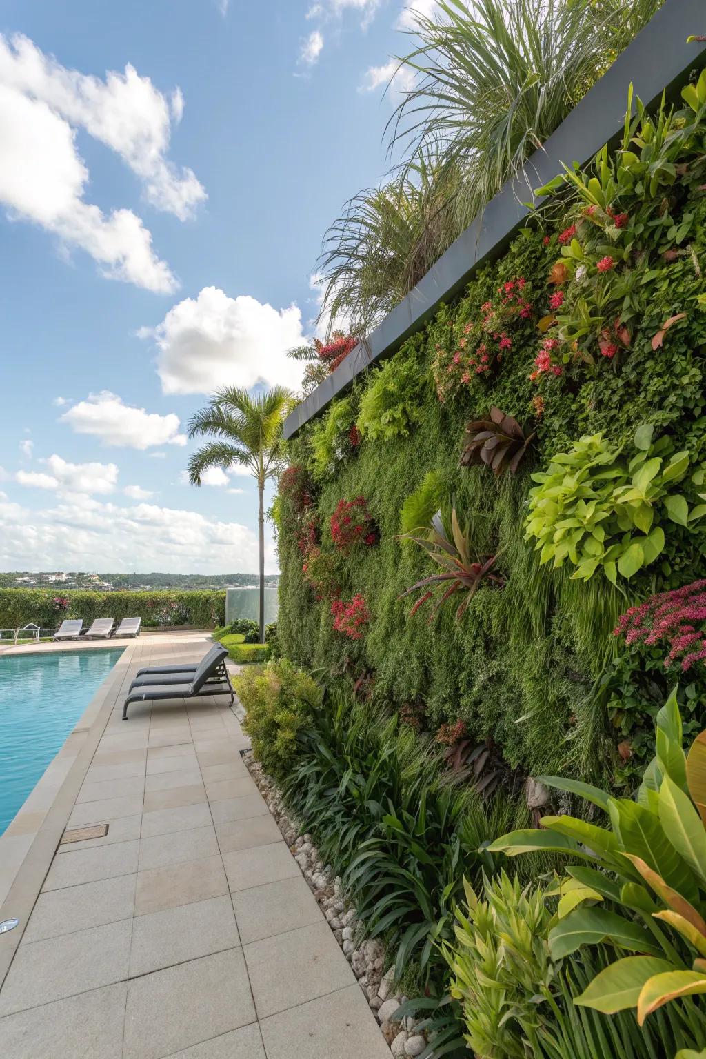 Living walls offer dynamic and eco-friendly pool privacy.