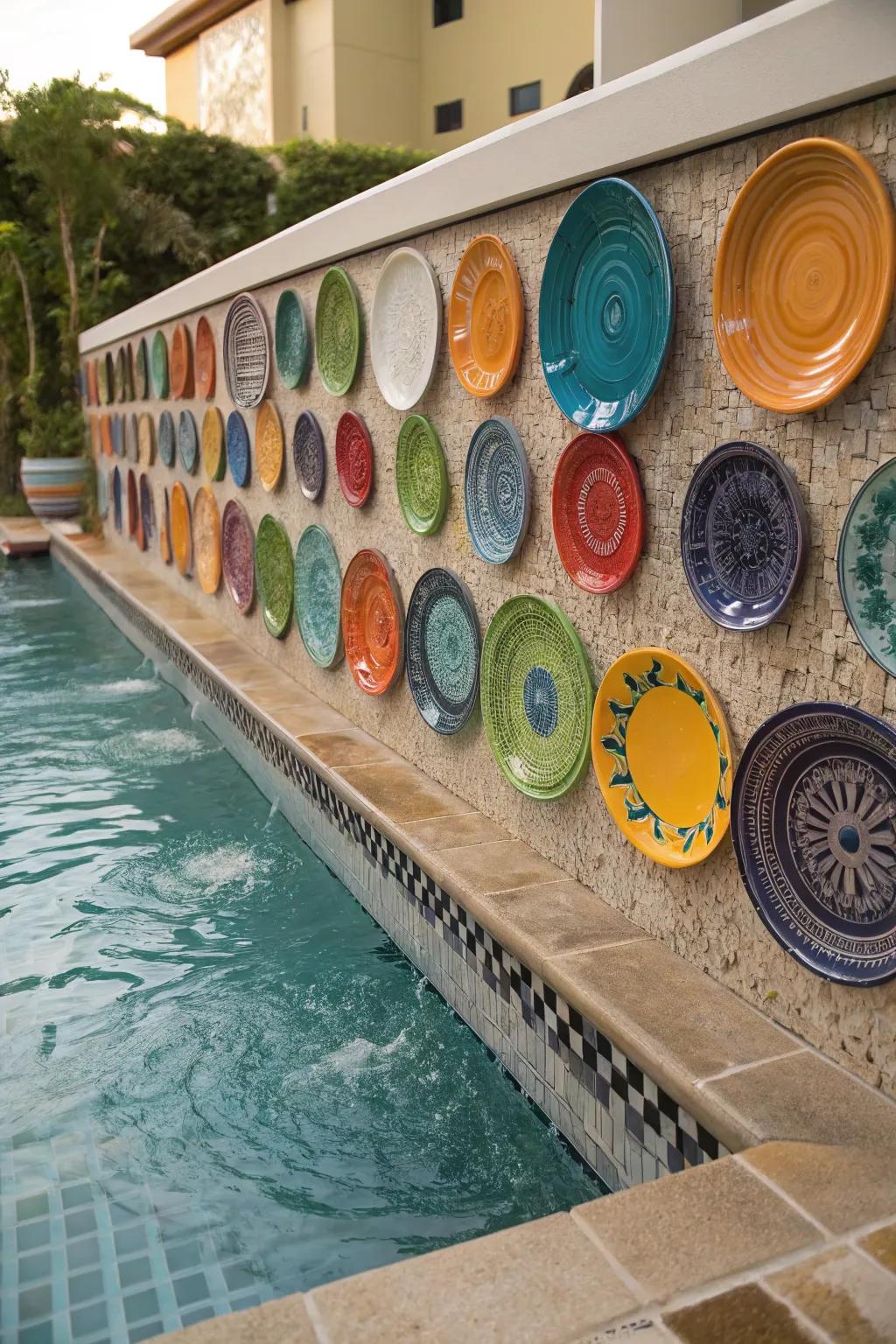 Ceramic plates add a playful and artistic touch to pool walls.