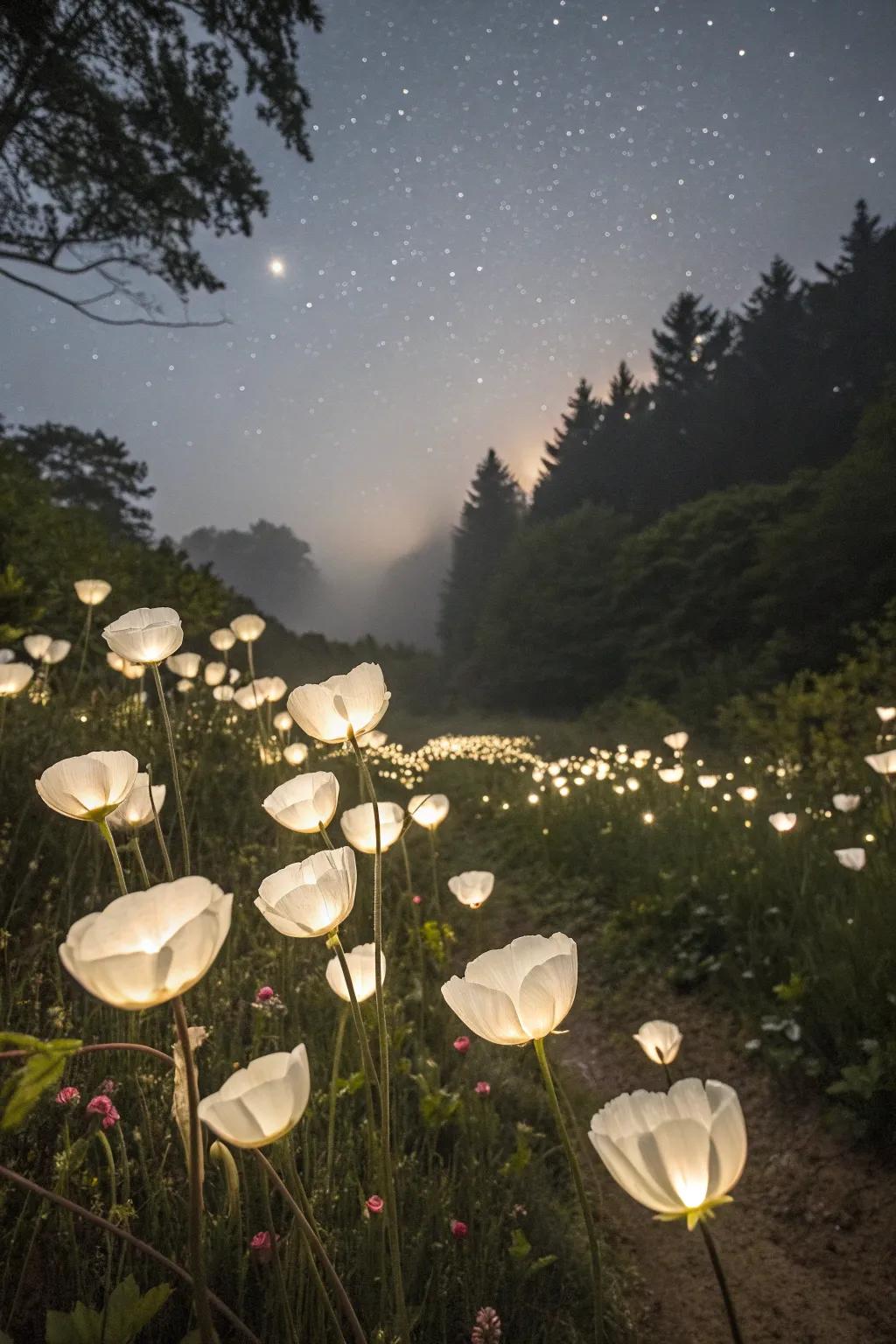 An enchanting nighttime garden with white poppies glowing under moonlight.