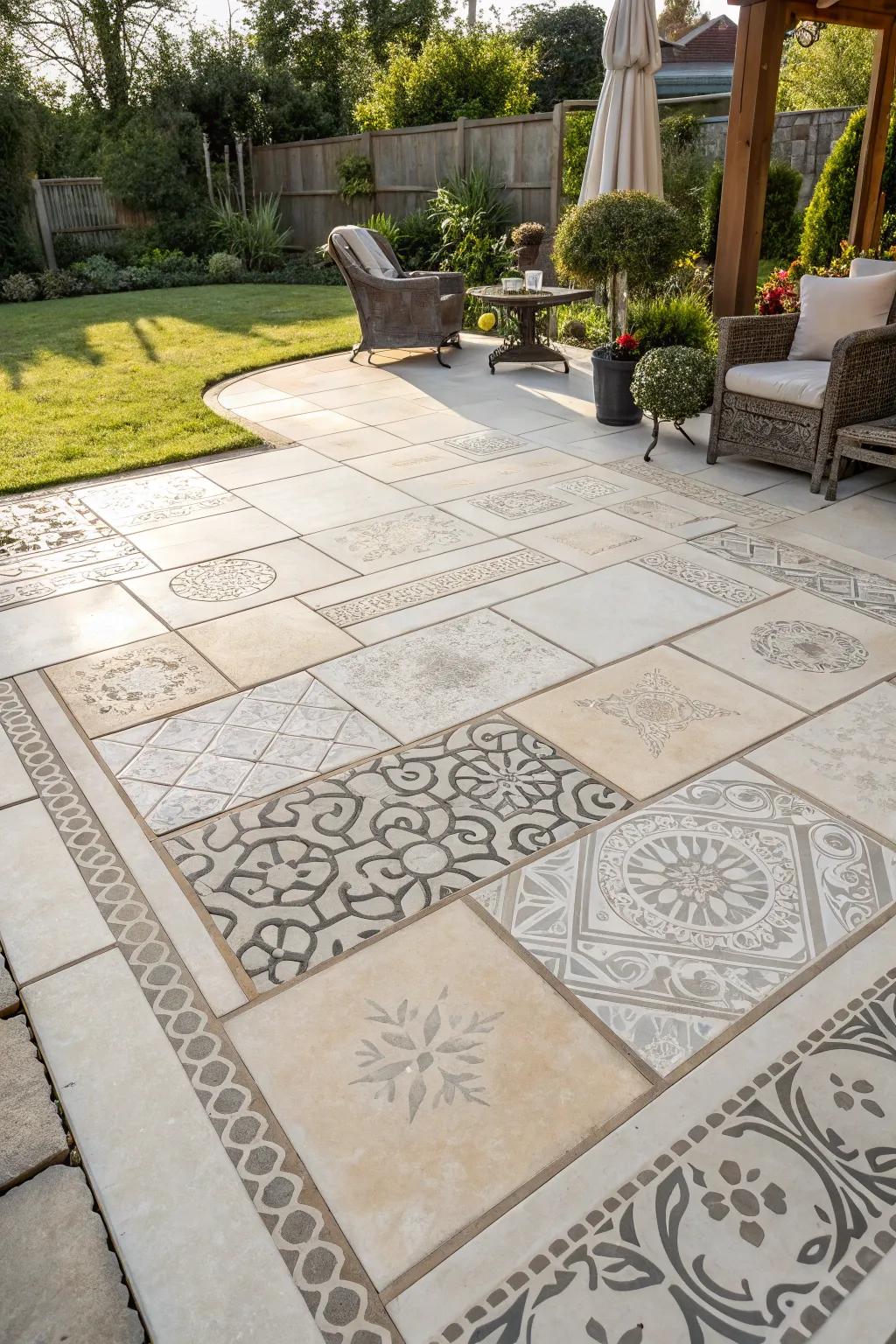 Distinct paving patterns creating visual interest on the patio.
