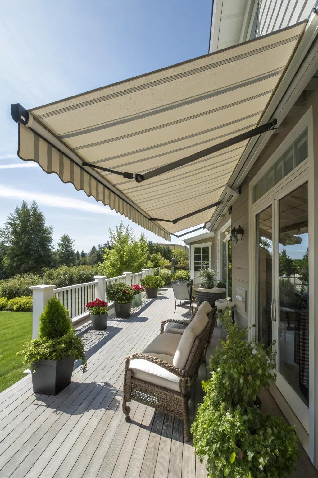 Retractable awnings offer adaptable shade solutions.