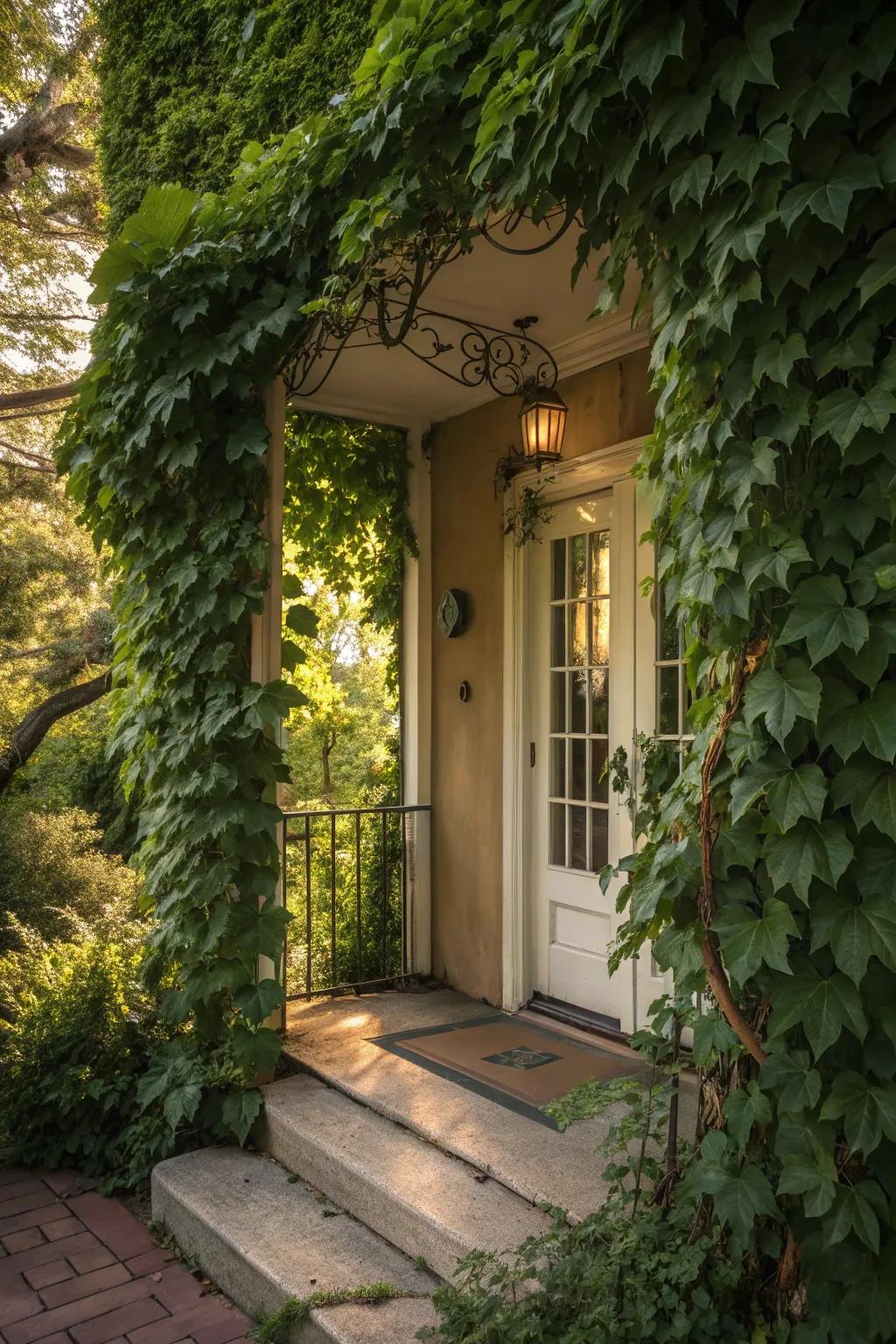Lush greenery frames this porch door, adding a touch of nature.