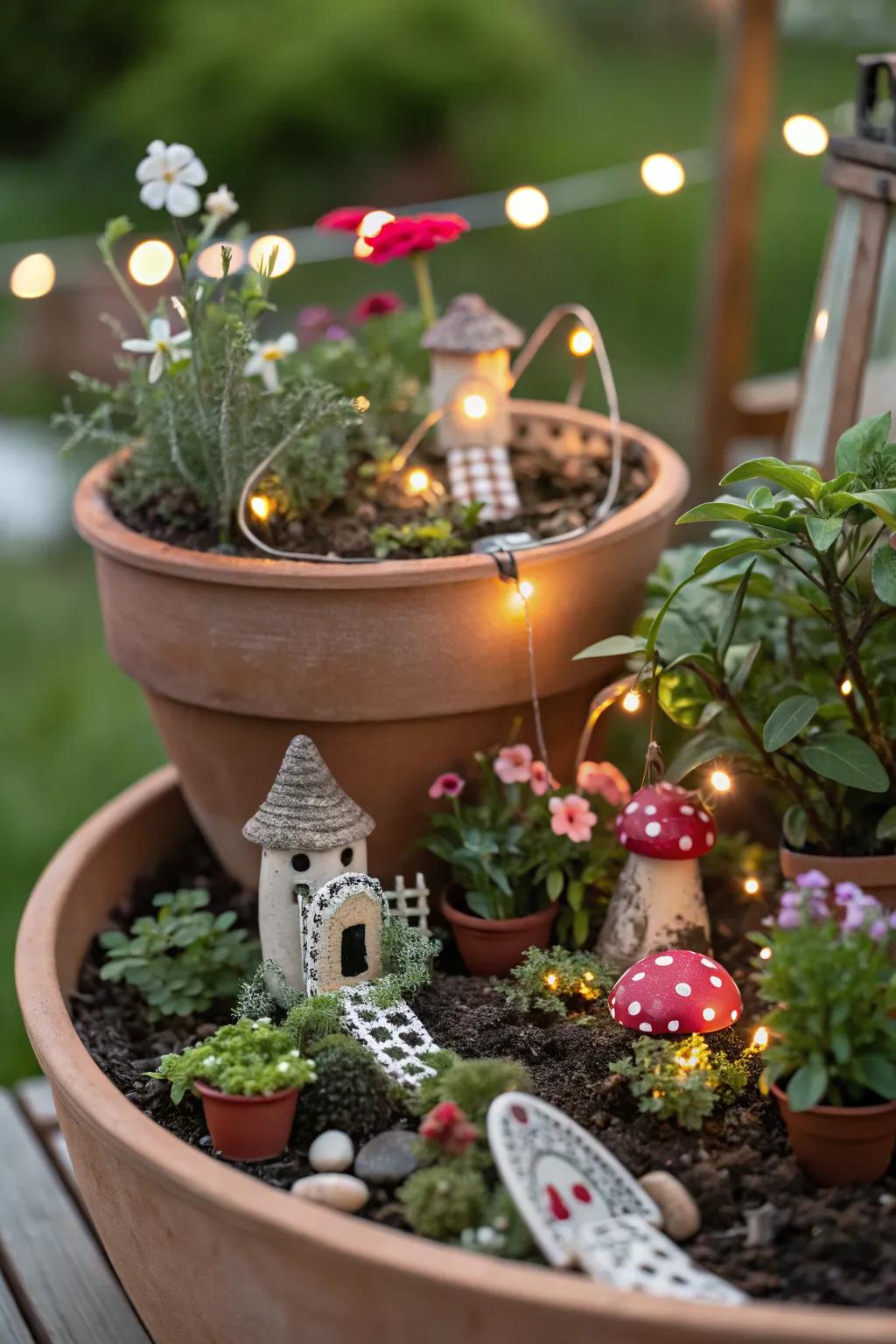 A whimsical fairy garden in flower pots adds enchantment to the porch.
