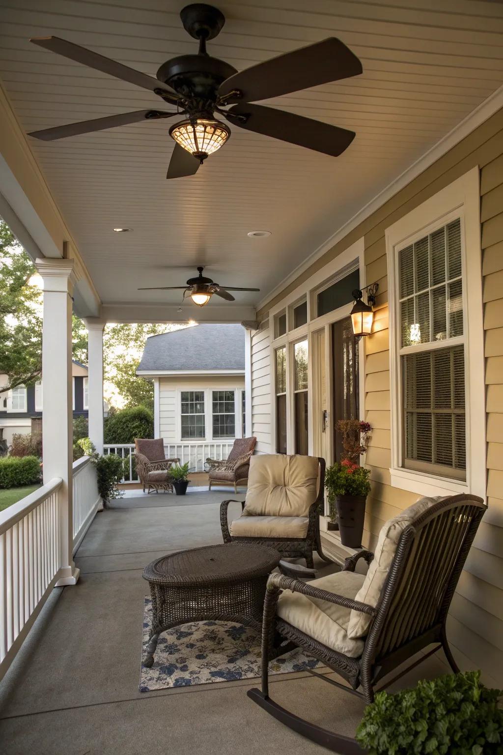 A ceiling fan keeps the porch breezy and comfortable.