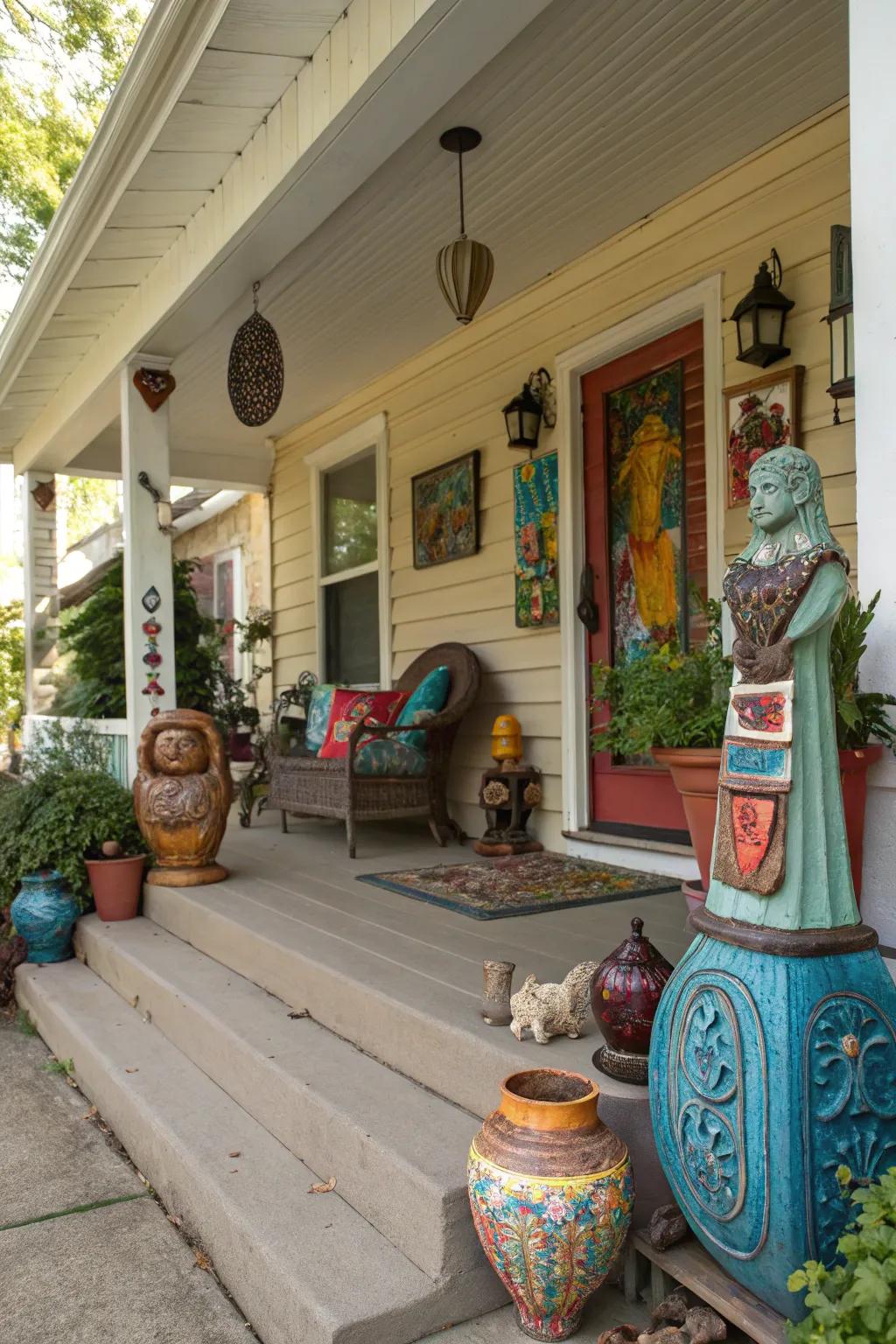 Unique art pieces add personality and charm to the porch.