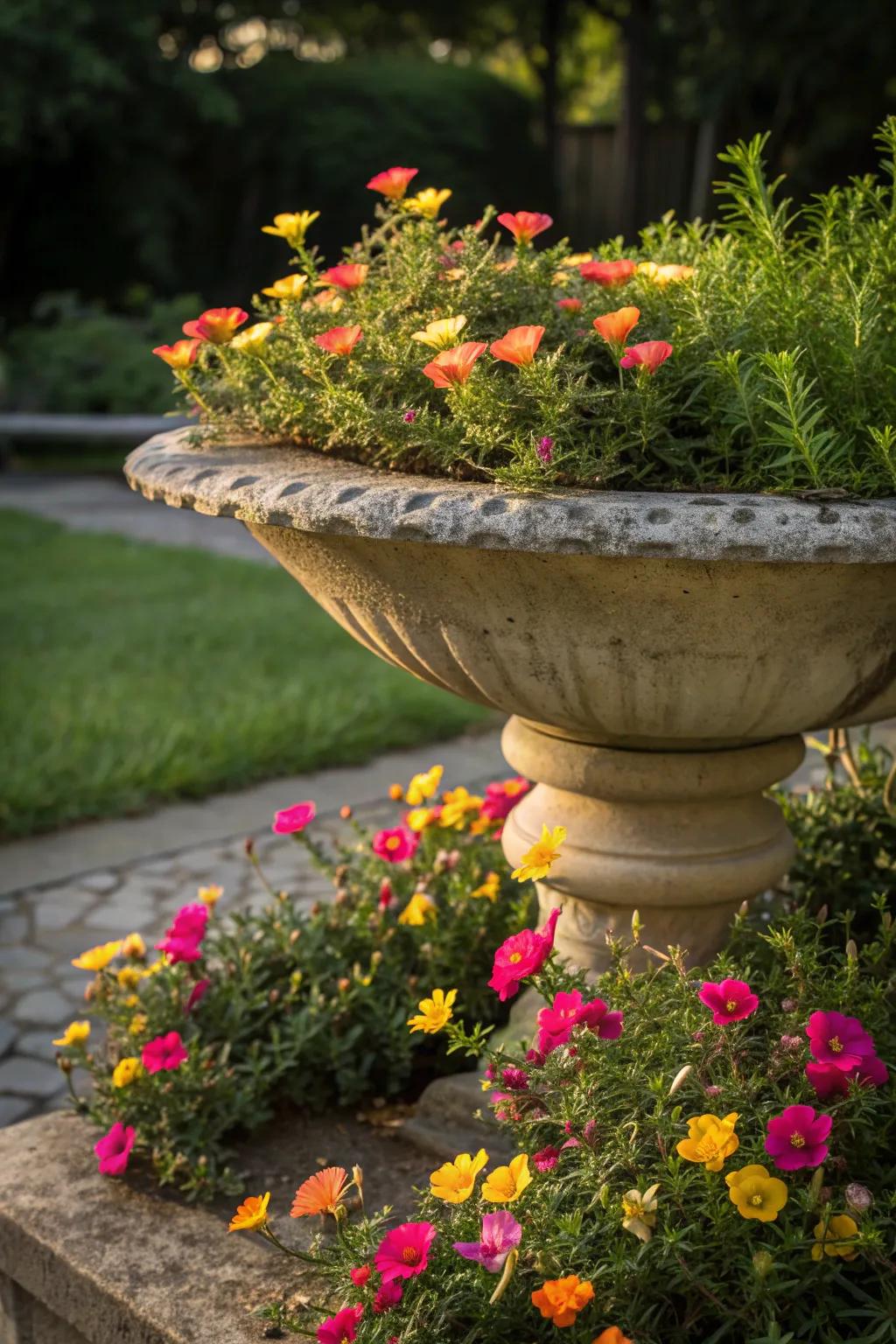 Portulaca in a birdbath planter adds a whimsical touch to gardens.