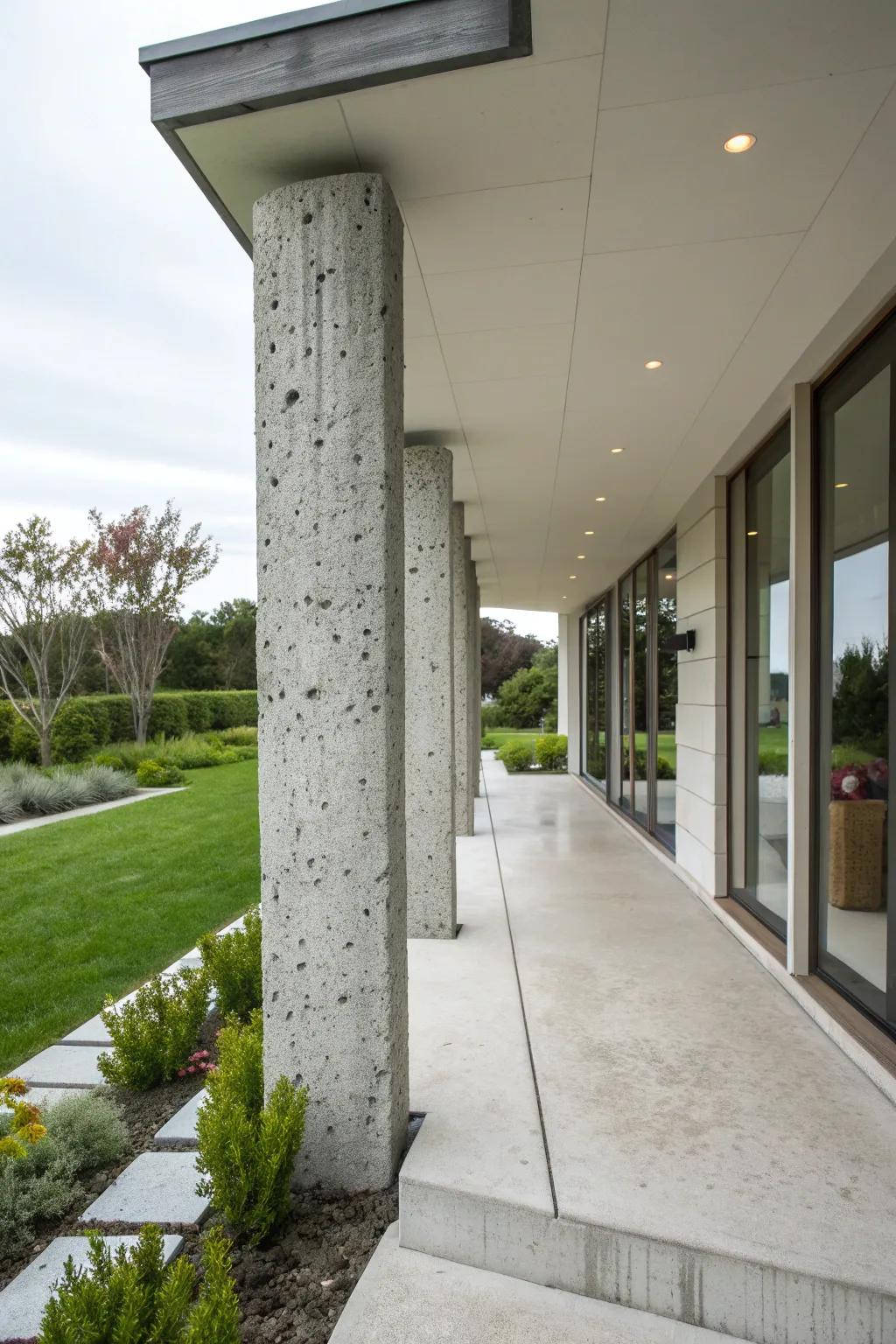 Textured concrete finishes offer a modern, durable style for porch posts.