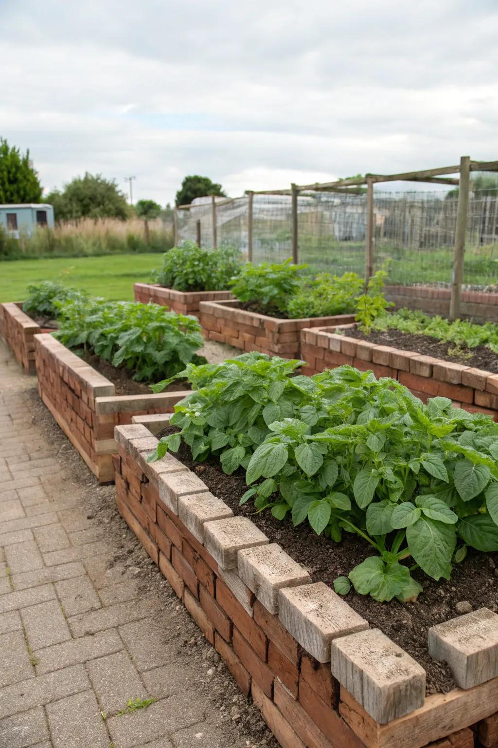 Eco-friendly raised beds with recycled brick borders.