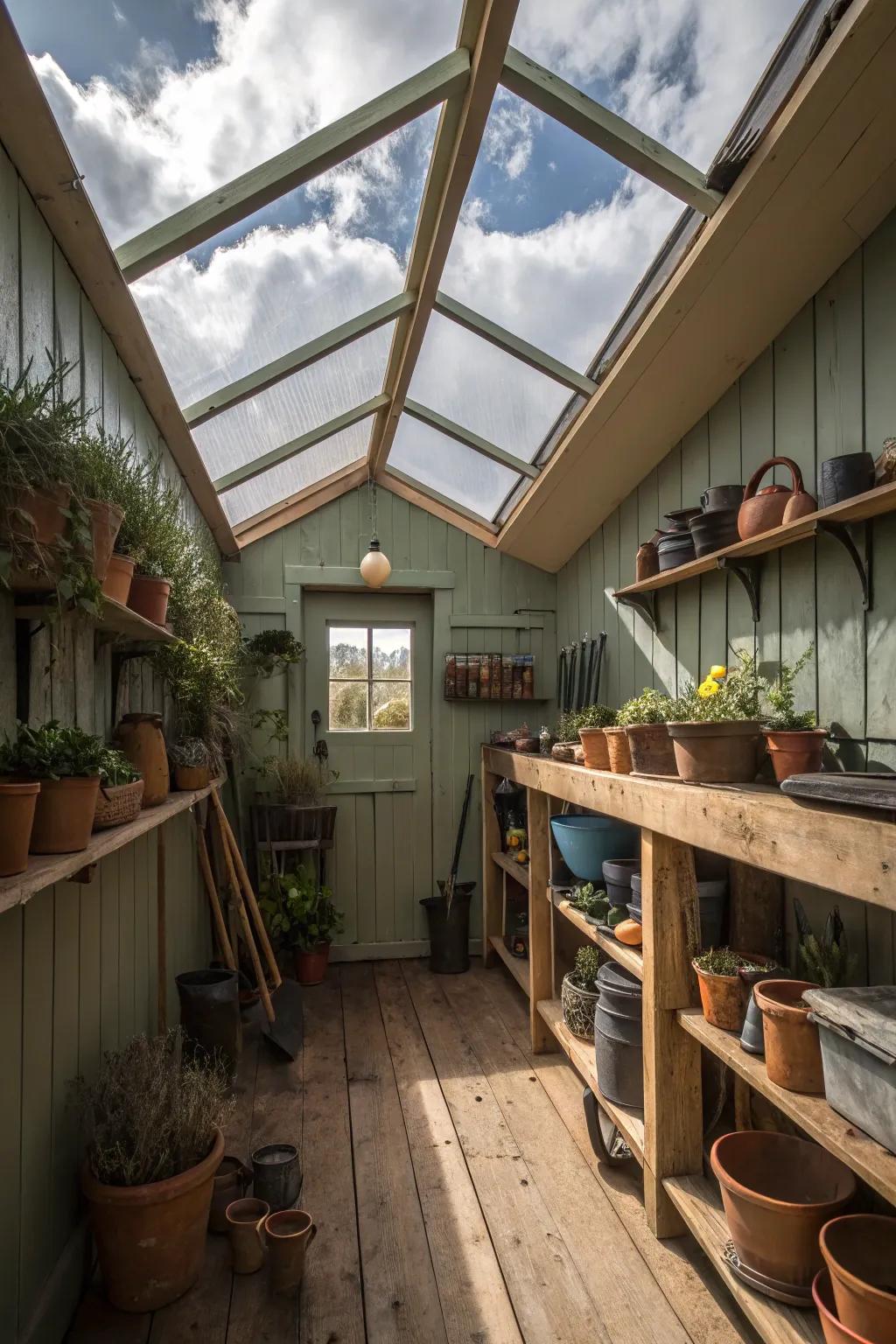Potting shed with a skylight view.