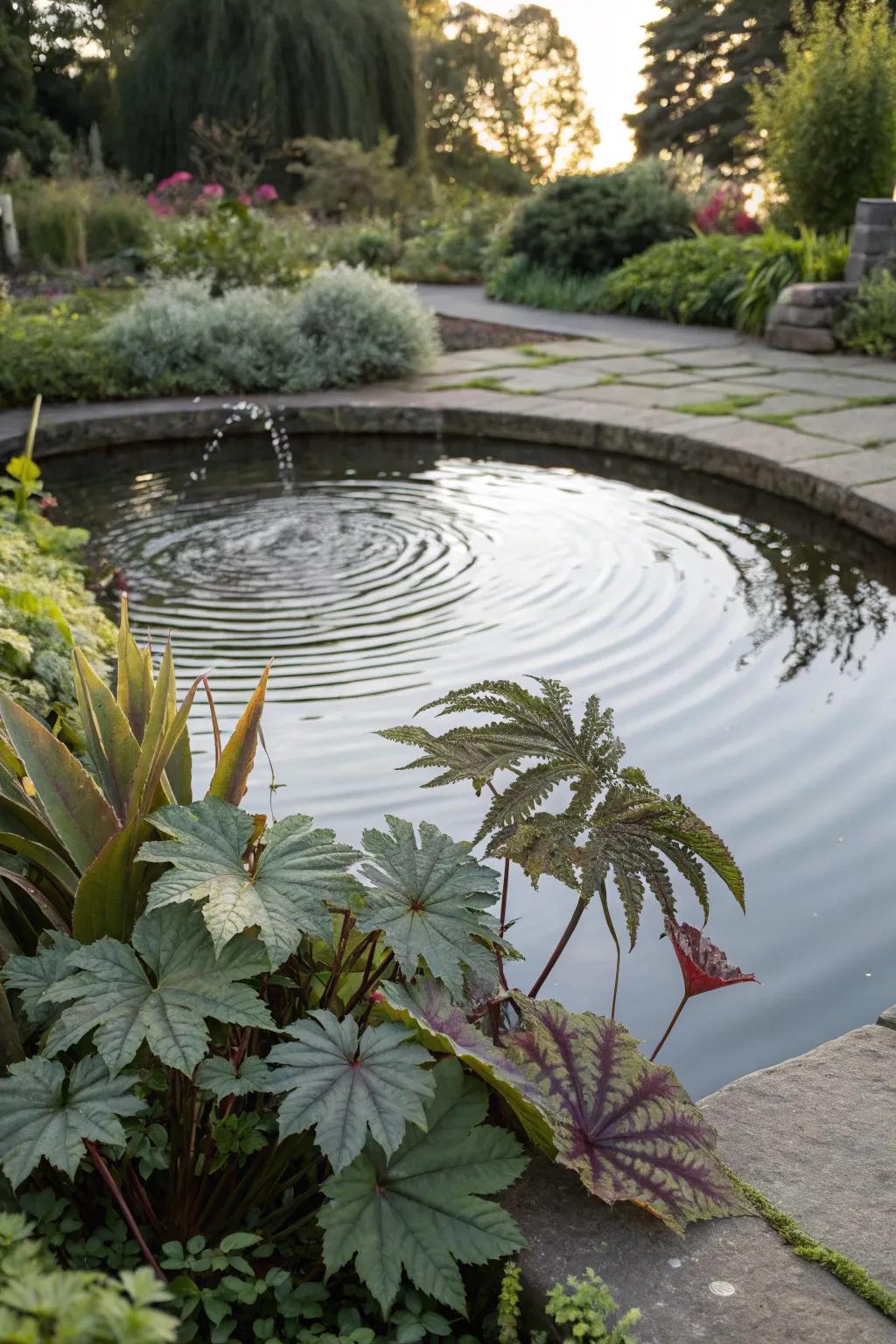 Sculptural plants adding dramatic flair around a preformed pond.
