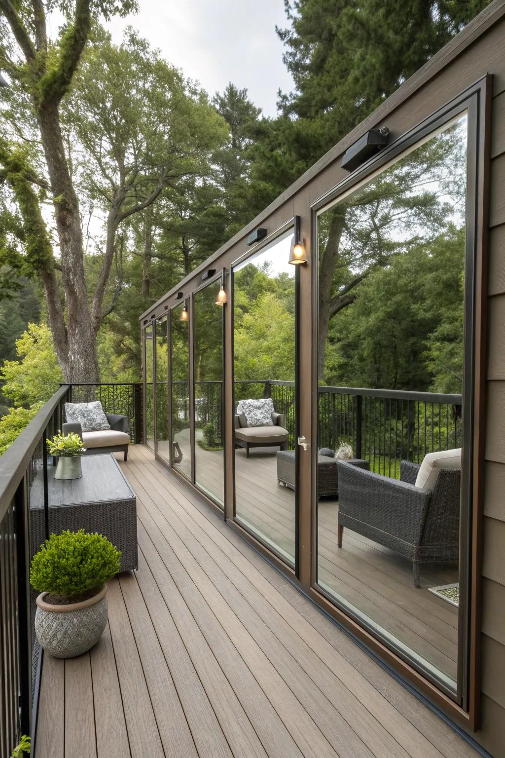 Mirrors creatively enhance space and privacy on this deck.