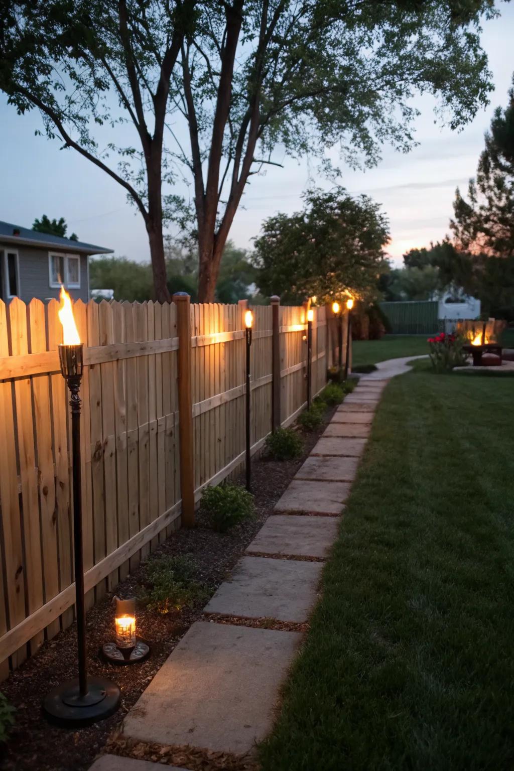 Solar post torches create a tropical vibe with their flickering glow.