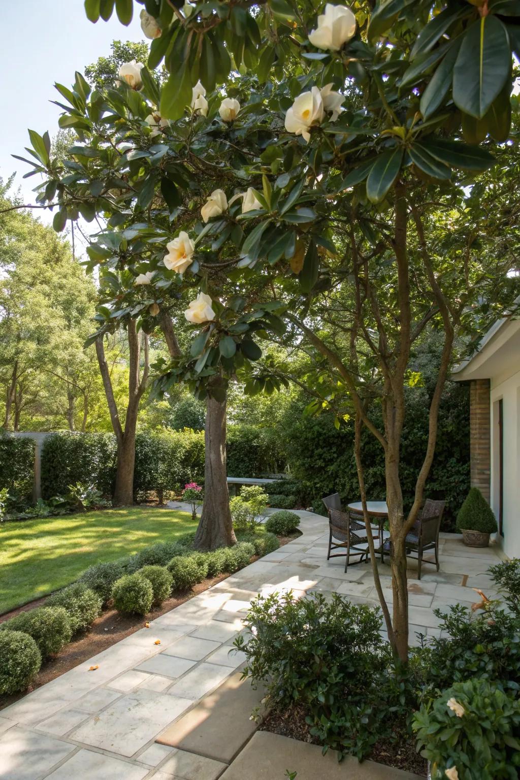 Southern Magnolia trees combine privacy with fragrant beauty.