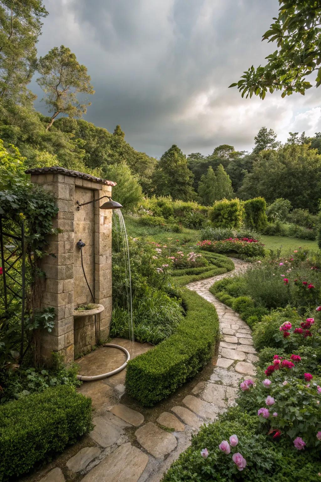 Secret garden charm with winding paths for a secluded shower experience.