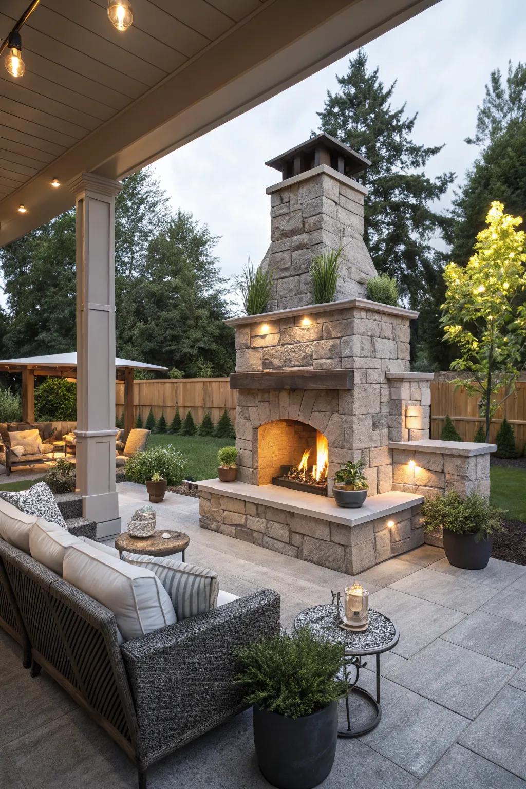 An outdoor fireplace adds warmth and elegance.