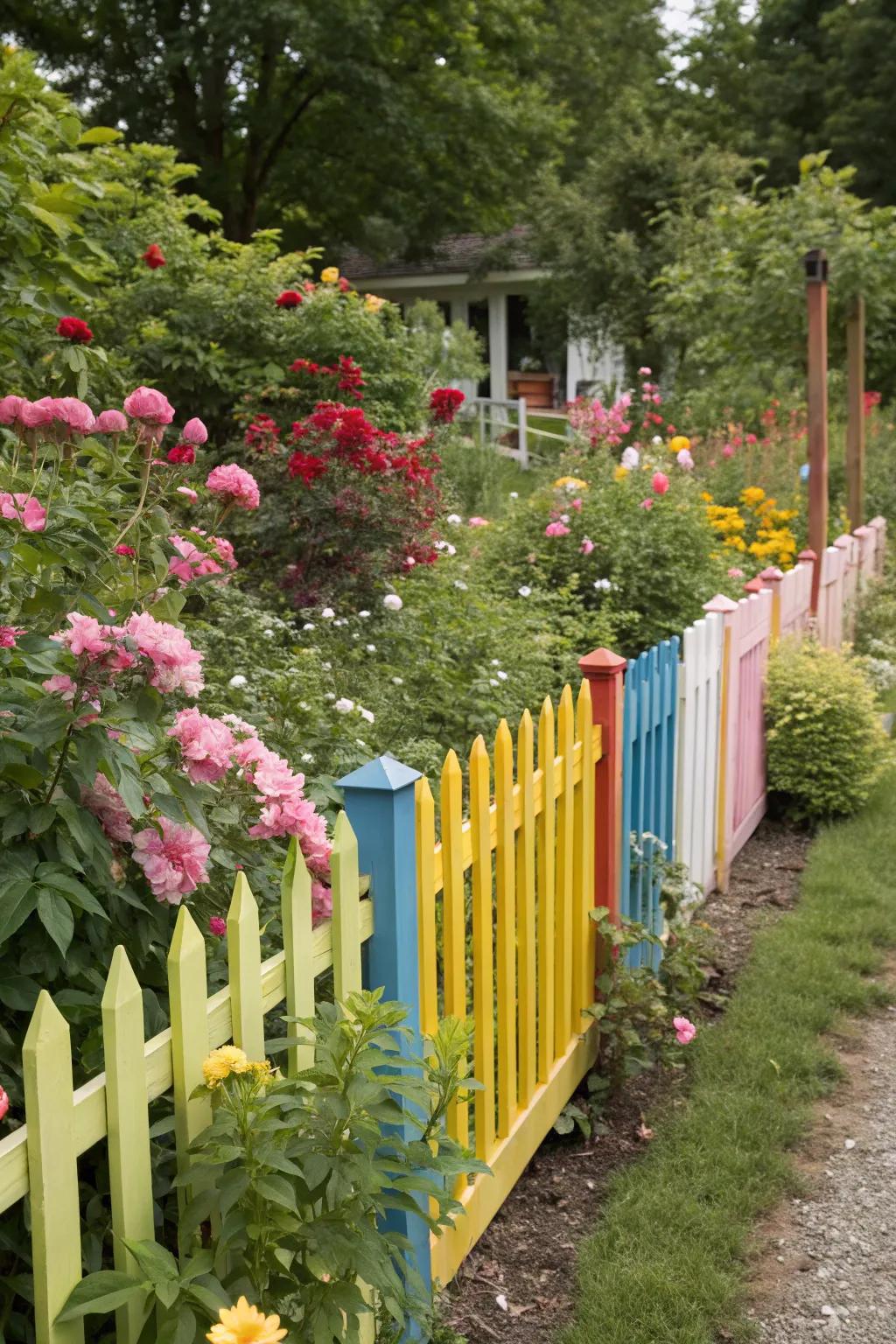 Vibrant painted picket fence adding character to the garden.