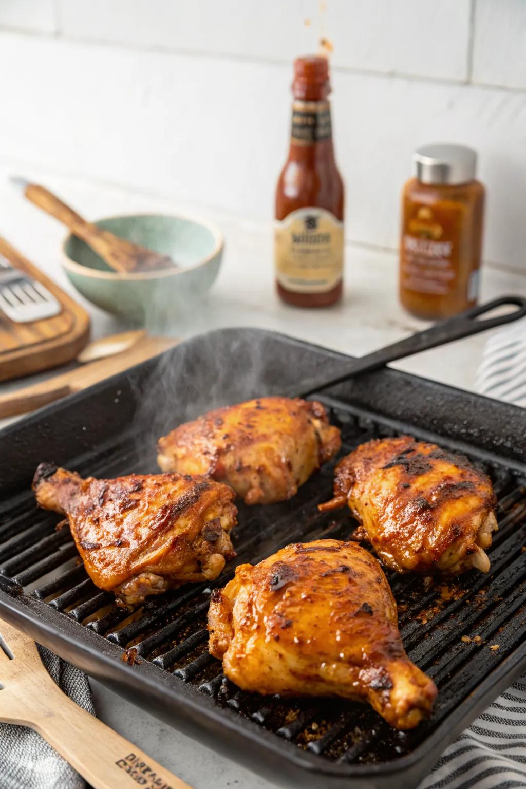 Juicy and tender BBQ chicken thighs fresh off the grill.