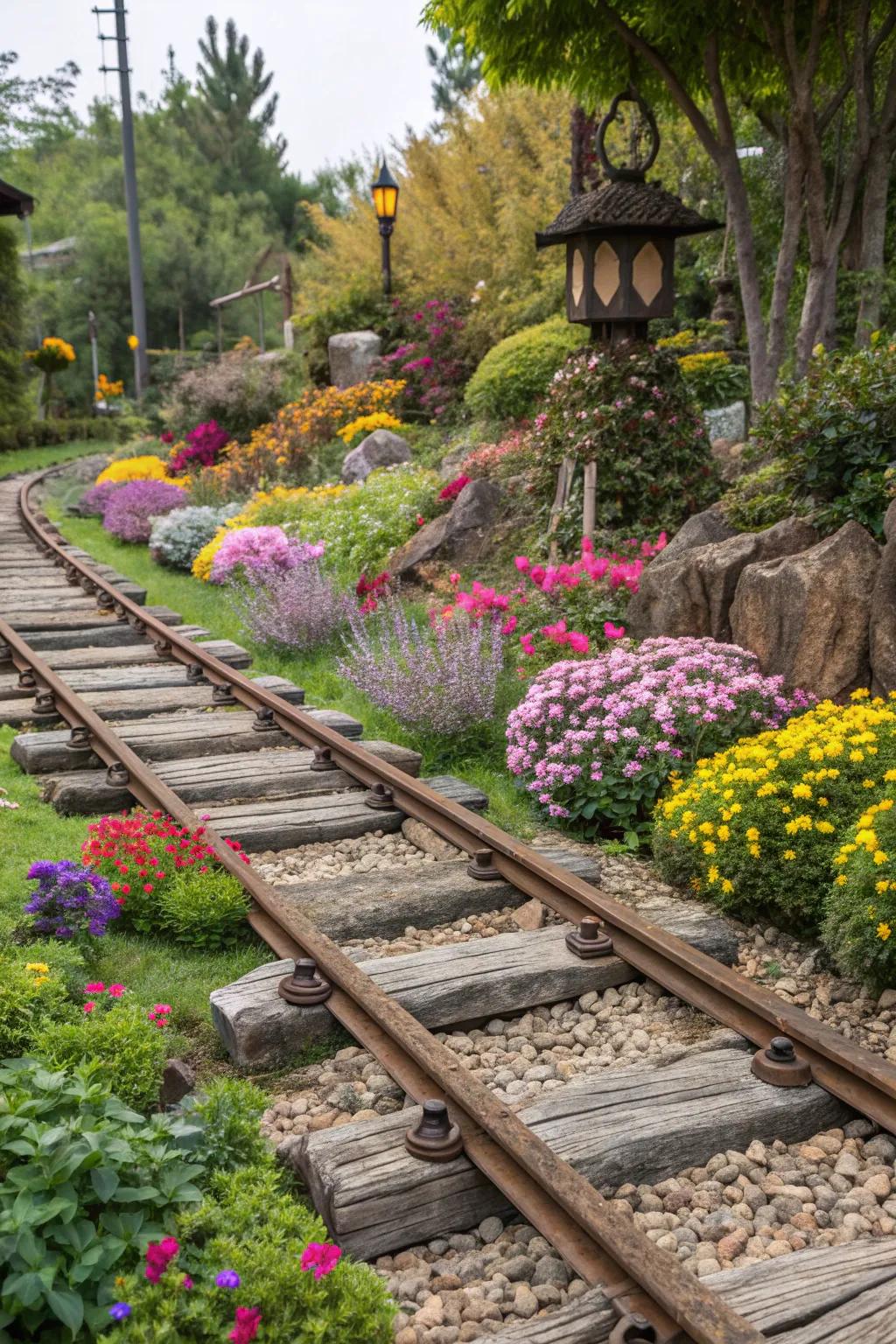 Unique garden art crafted from railroad ties.