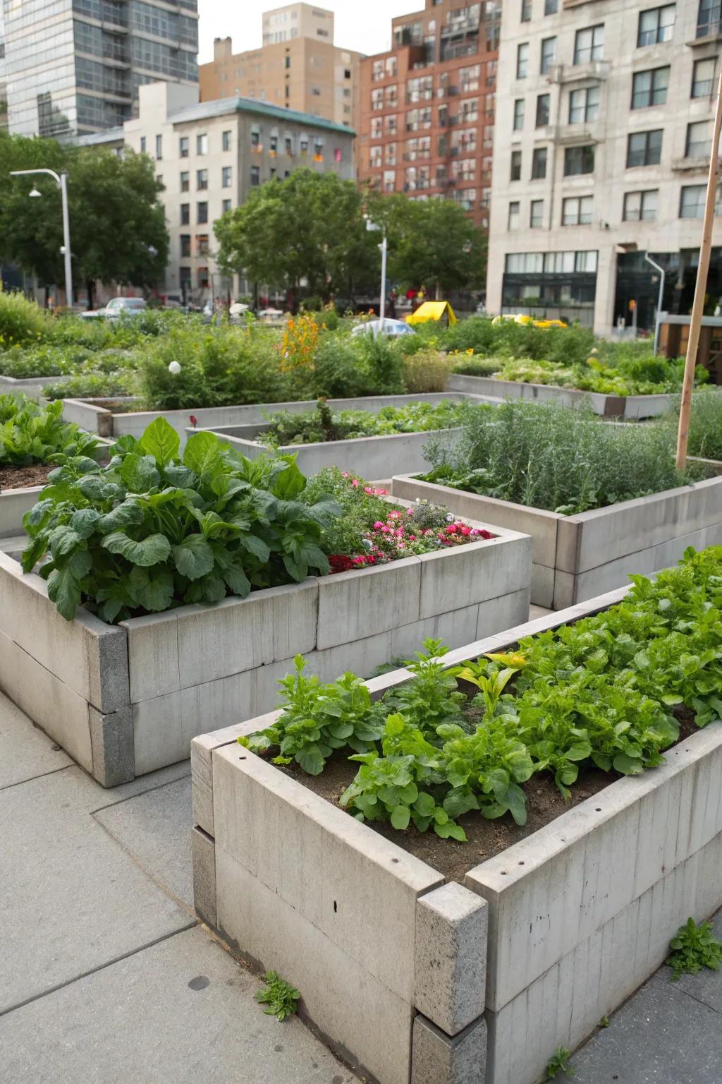 Concrete blocks offer a sturdy and industrial look for urban gardens.