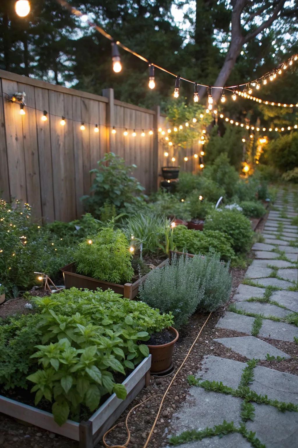 An enchanting herb garden illuminated with fairy lights.