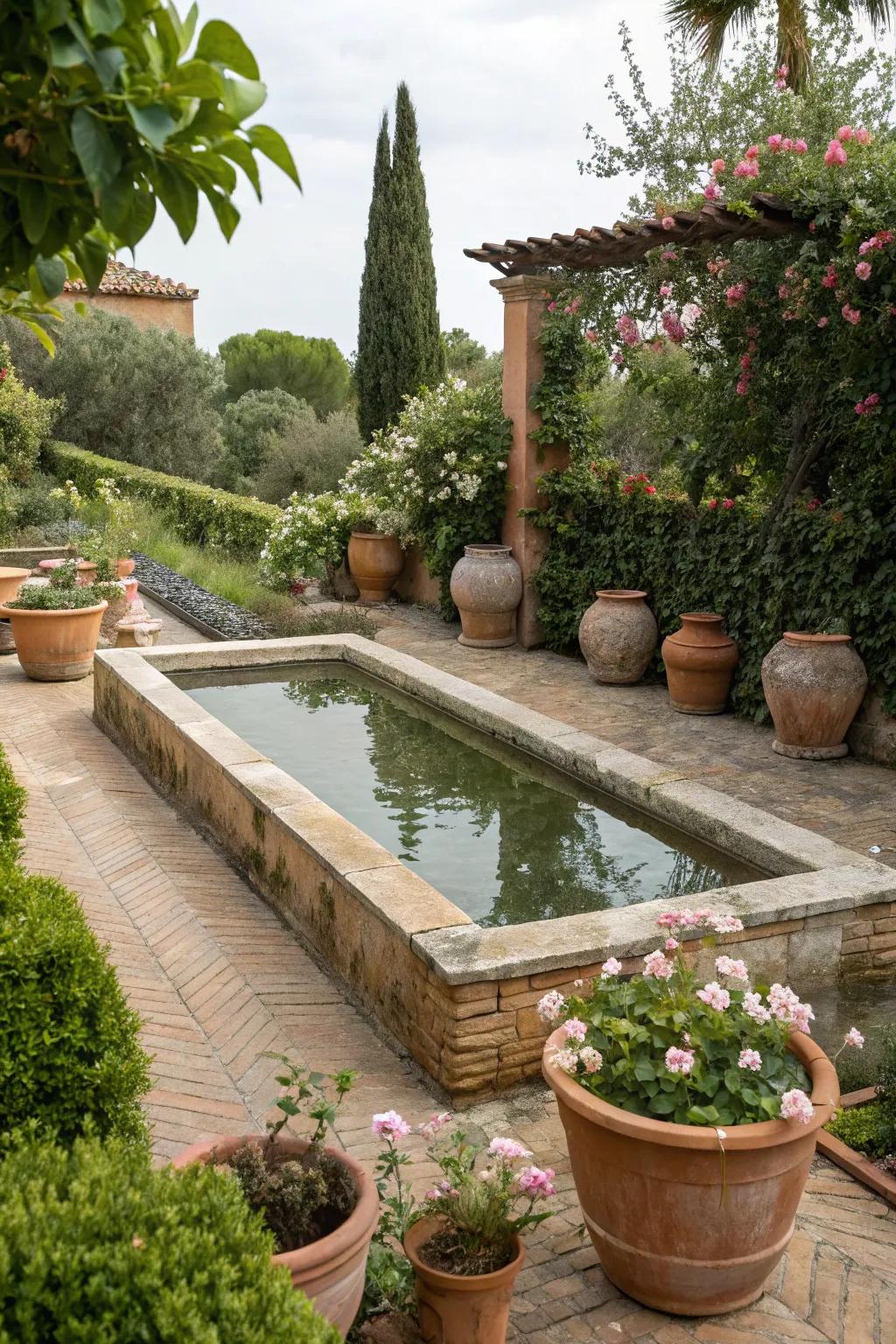Terracotta adds a warm, rustic touch to this pond's edge.
