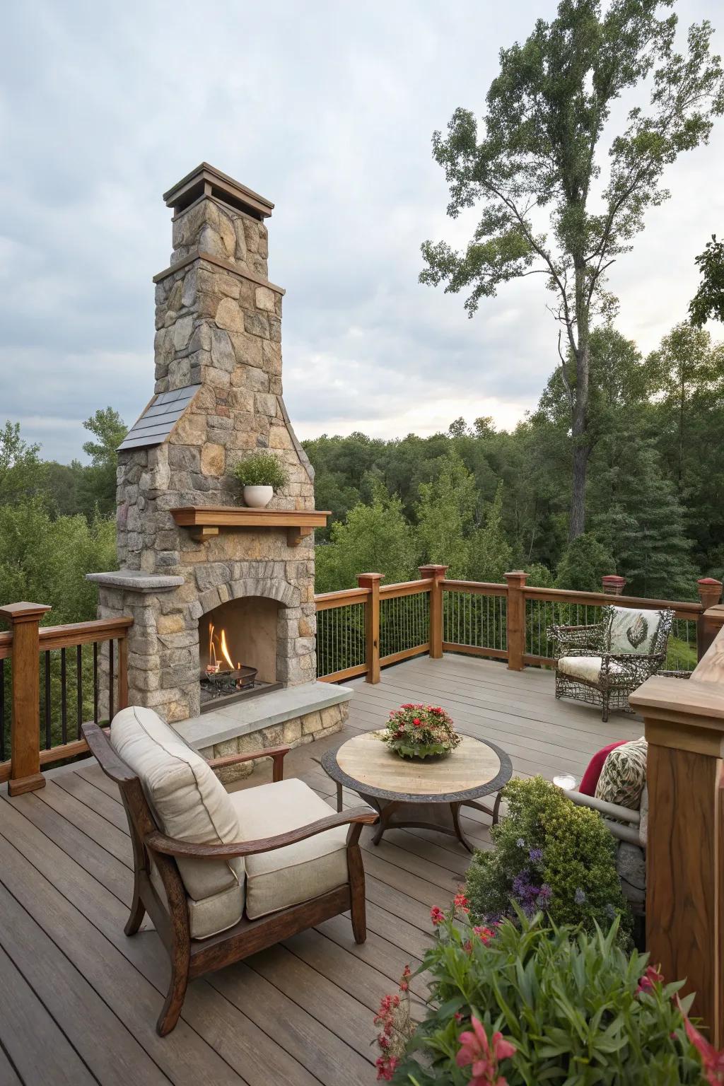 Gather around a warm and inviting deck fireplace.