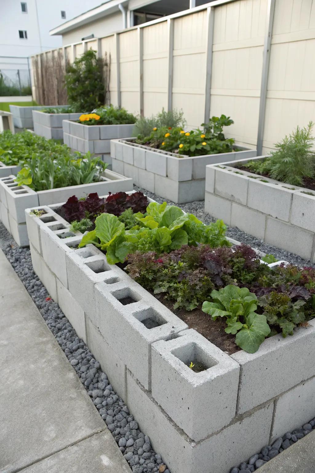 Cinder block raised garden beds offering a modern industrial aesthetic.
