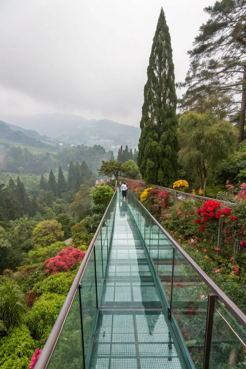 A breathtaking suspended walkway offering panoramic garden views.