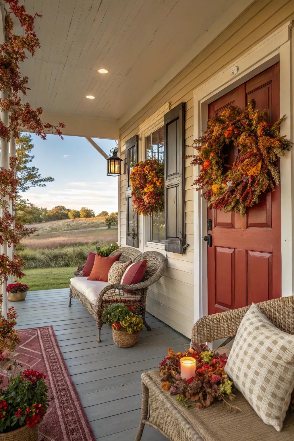 Seasonal decor keeps this ranch porch looking fresh year-round.