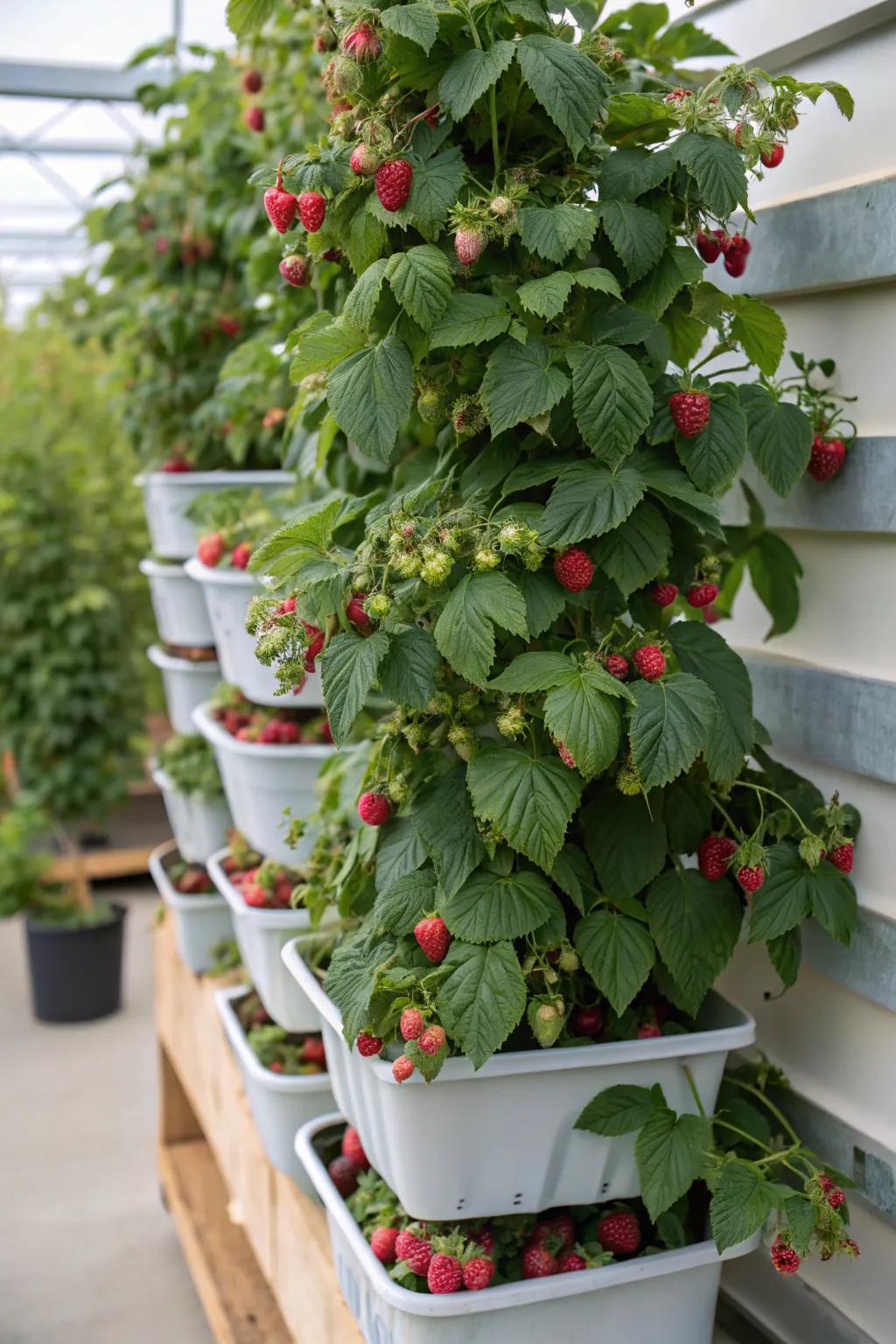 Vertical planters maximize space and ease harvesting.